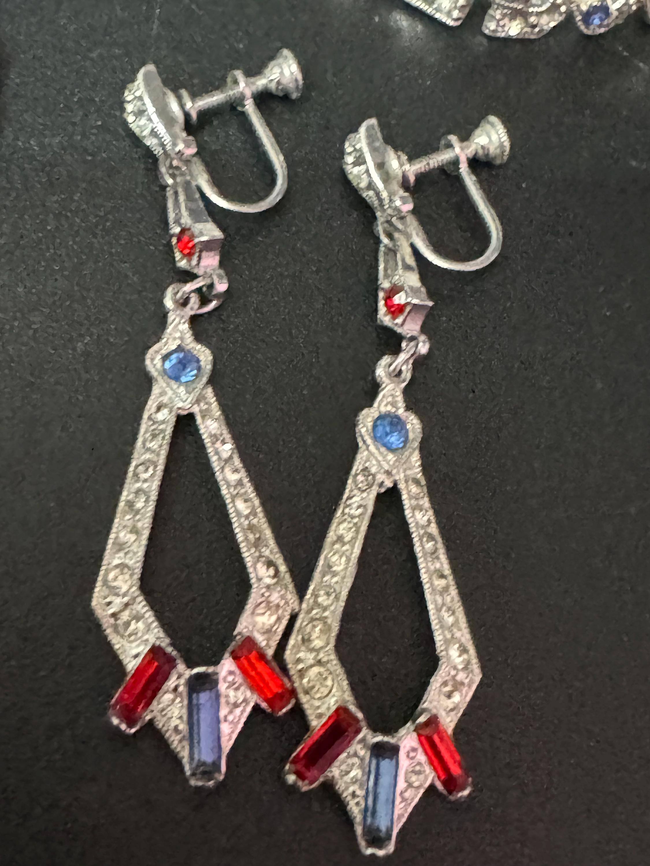 Vintage Rhinestone Jewelry Set: Patriotic Red White Blue Diamanté