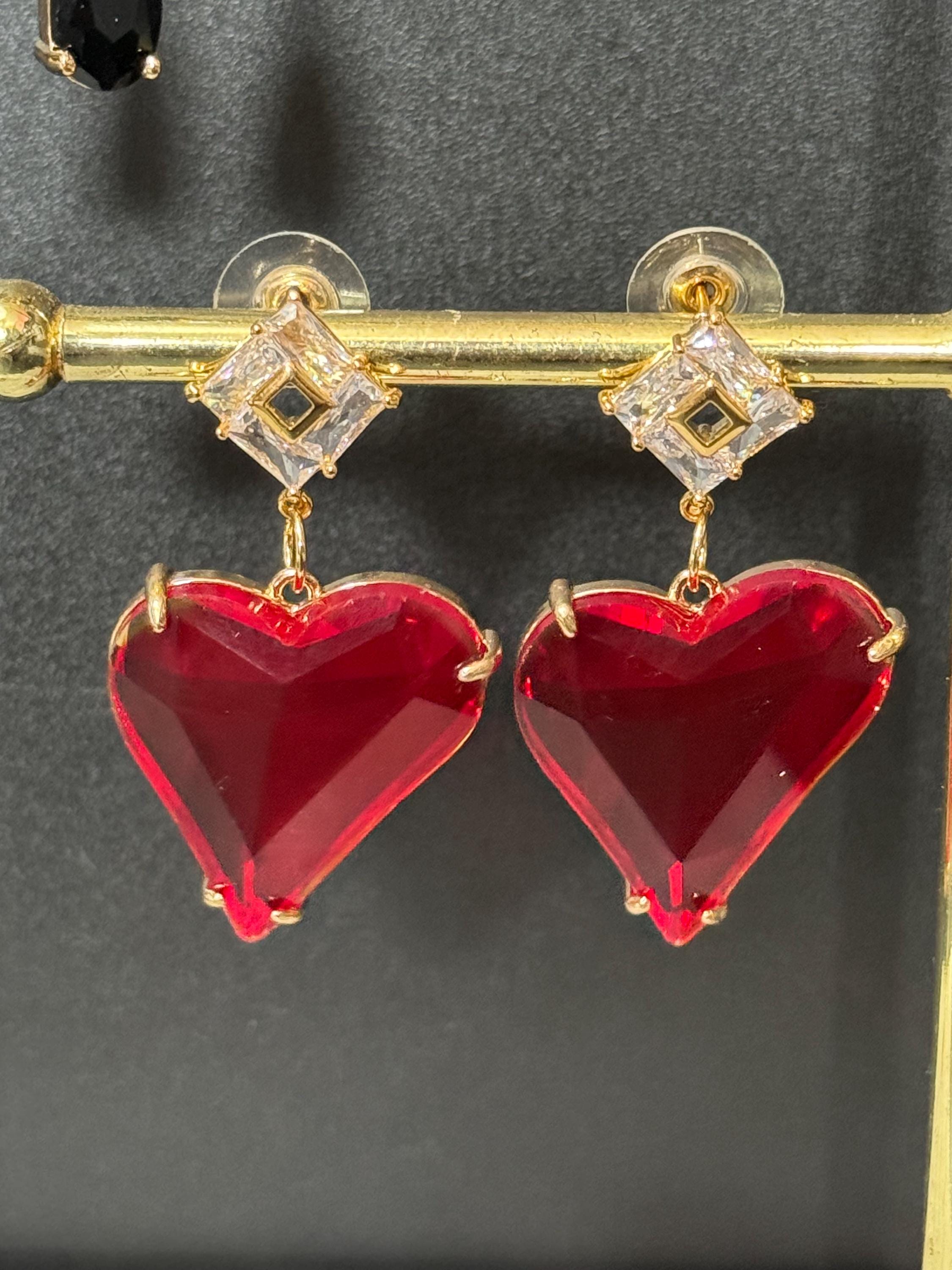18k gold plated bright red glass love heart crystal diamante drop charm earrings