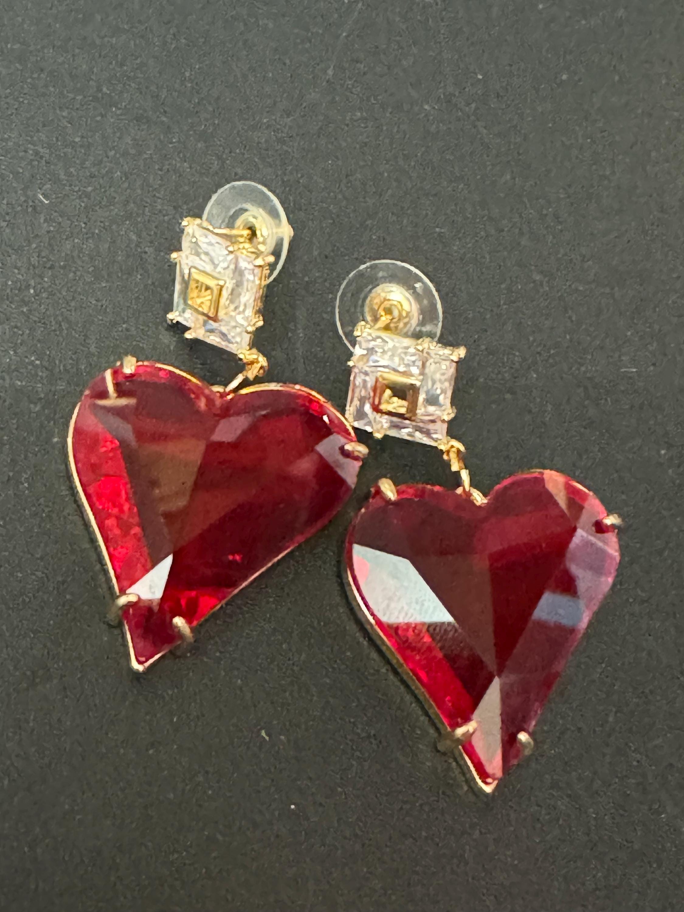 18k gold plated bright red glass love heart crystal drop charm earrings