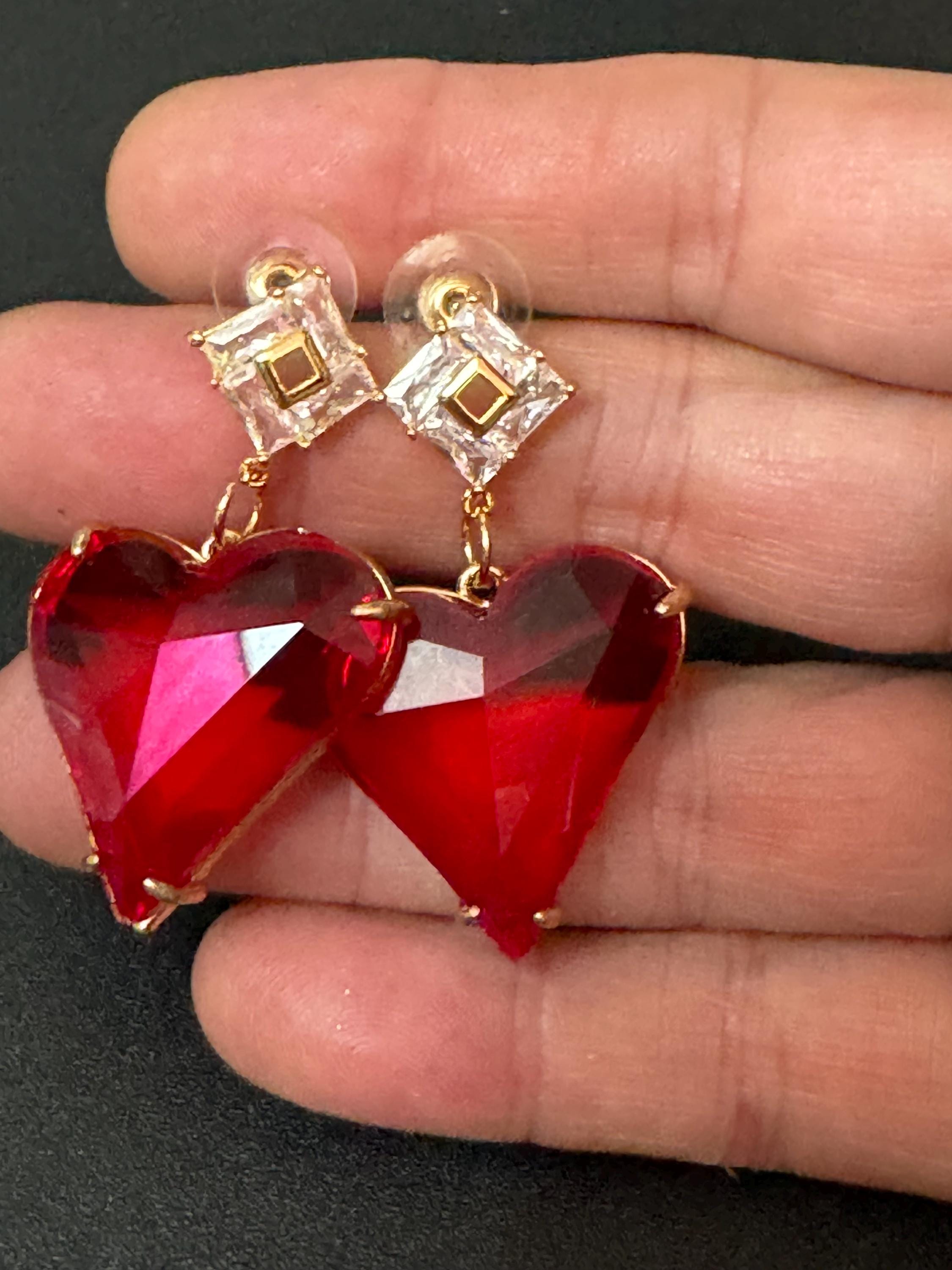 18k gold plated bright red glass love heart crystal drop charm earrings