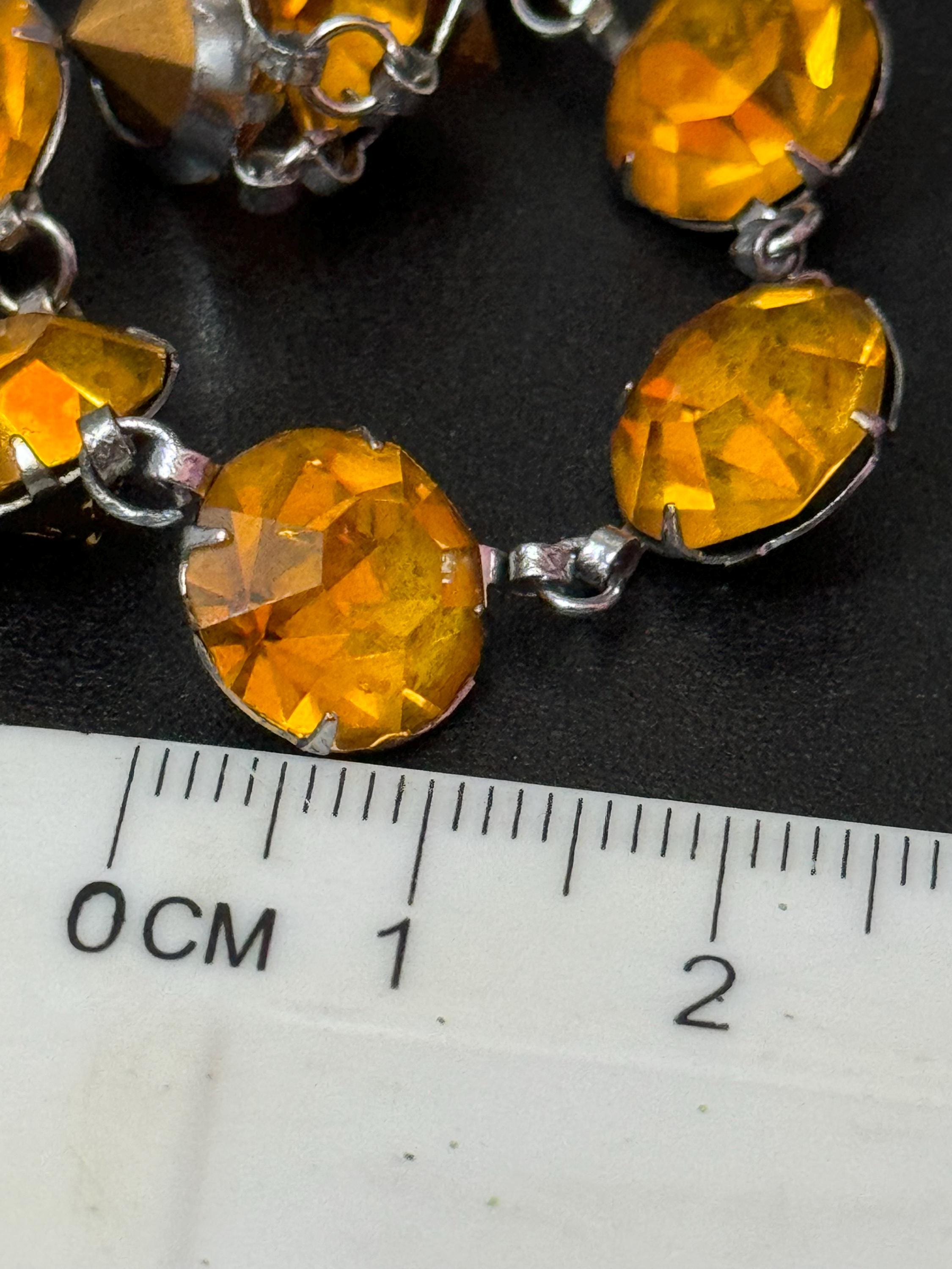Petite fit neck 35.5cm Vintage citrine orange Glass silver tone open back crystal Necklace and matching bracelet set