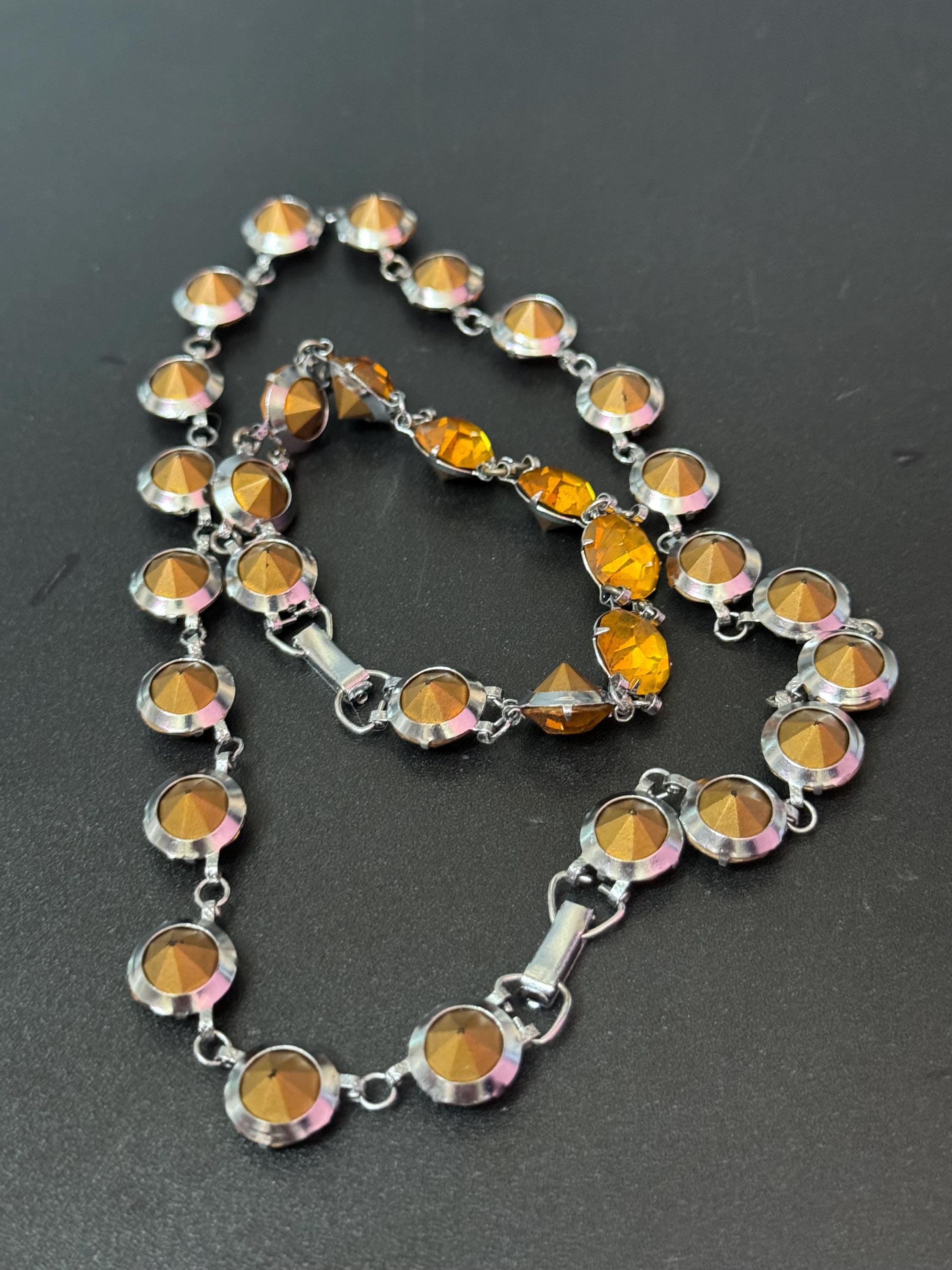 Petite fit neck 35.5cm Vintage citrine orange Glass silver tone open back crystal Necklace and matching bracelet set