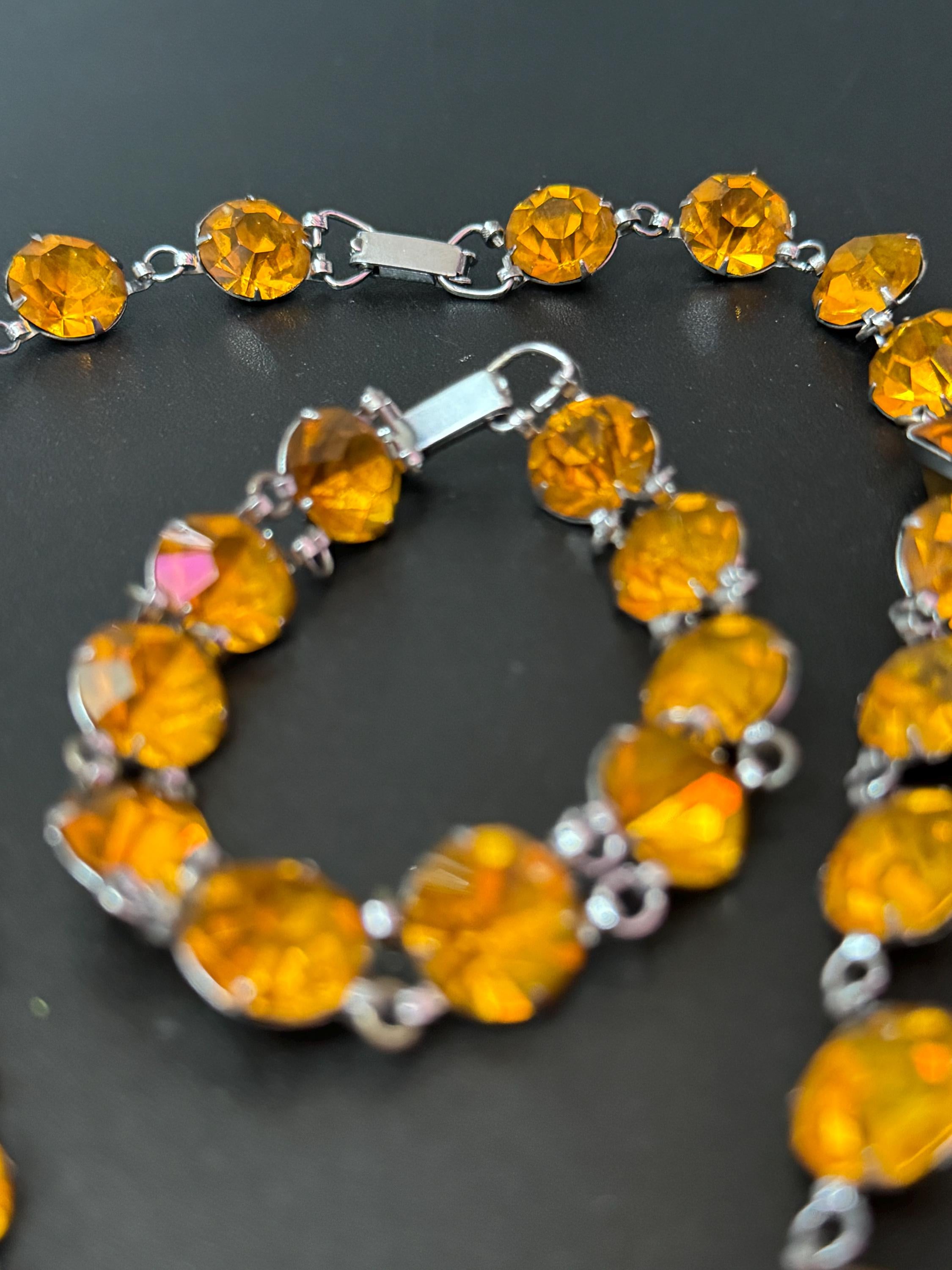 Petite fit neck 35.5cm Vintage citrine orange Glass silver tone open back crystal Necklace and matching bracelet set