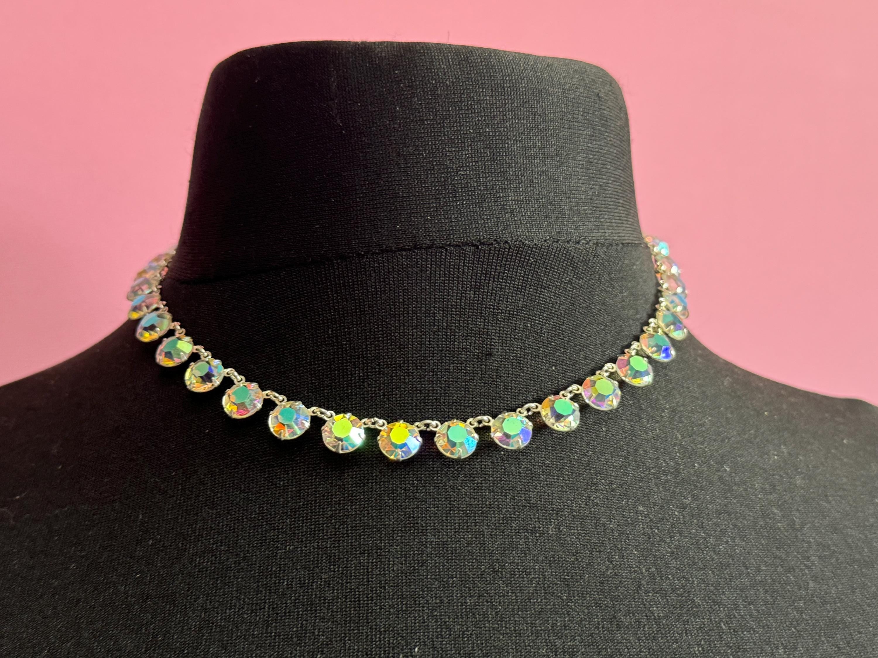 Vintage AB silver tone diamanté crystal choker necklace