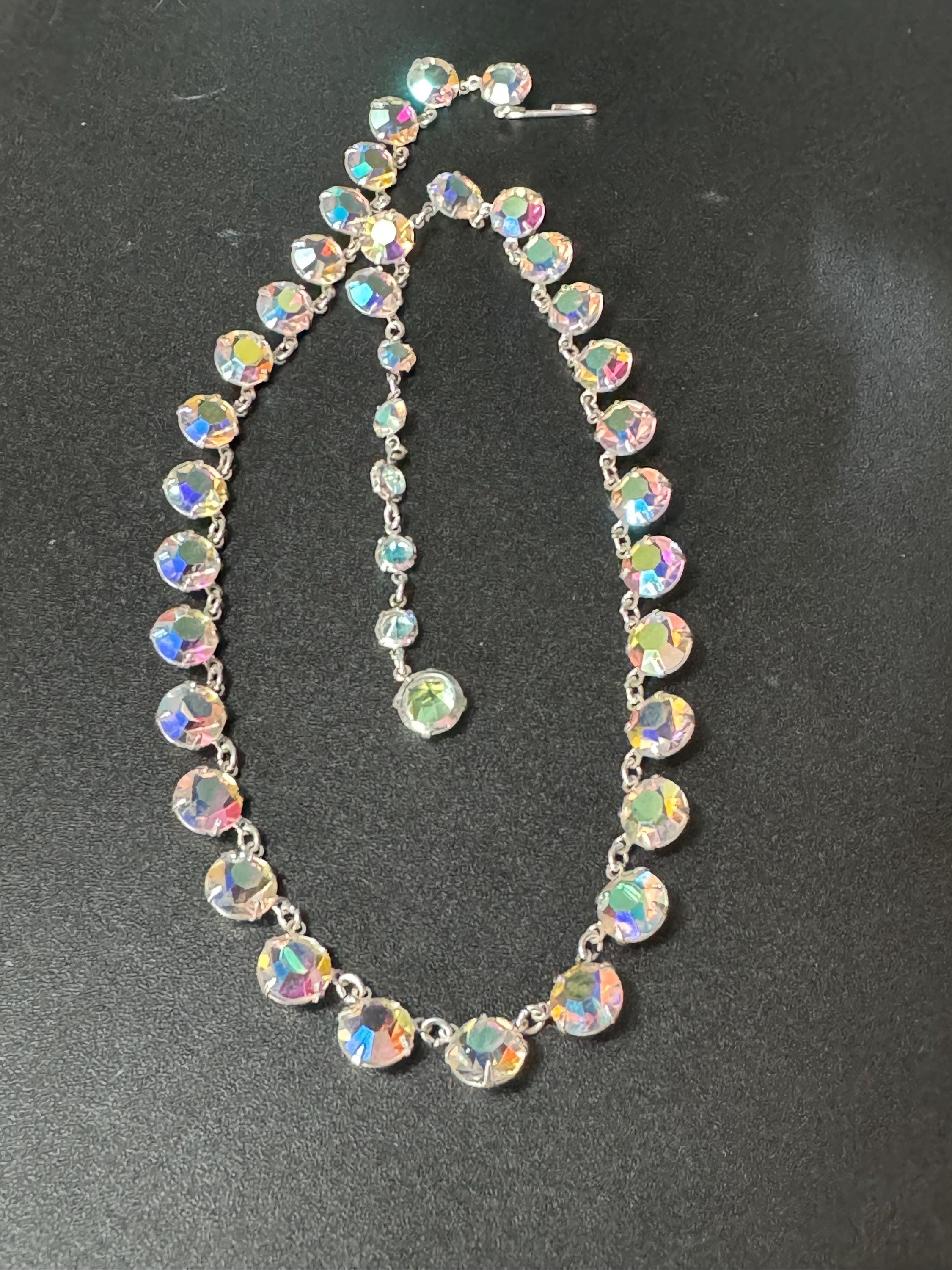Vintage AB Aurora borealis rainbow glass open back crystal rivière bezel set glass necklace