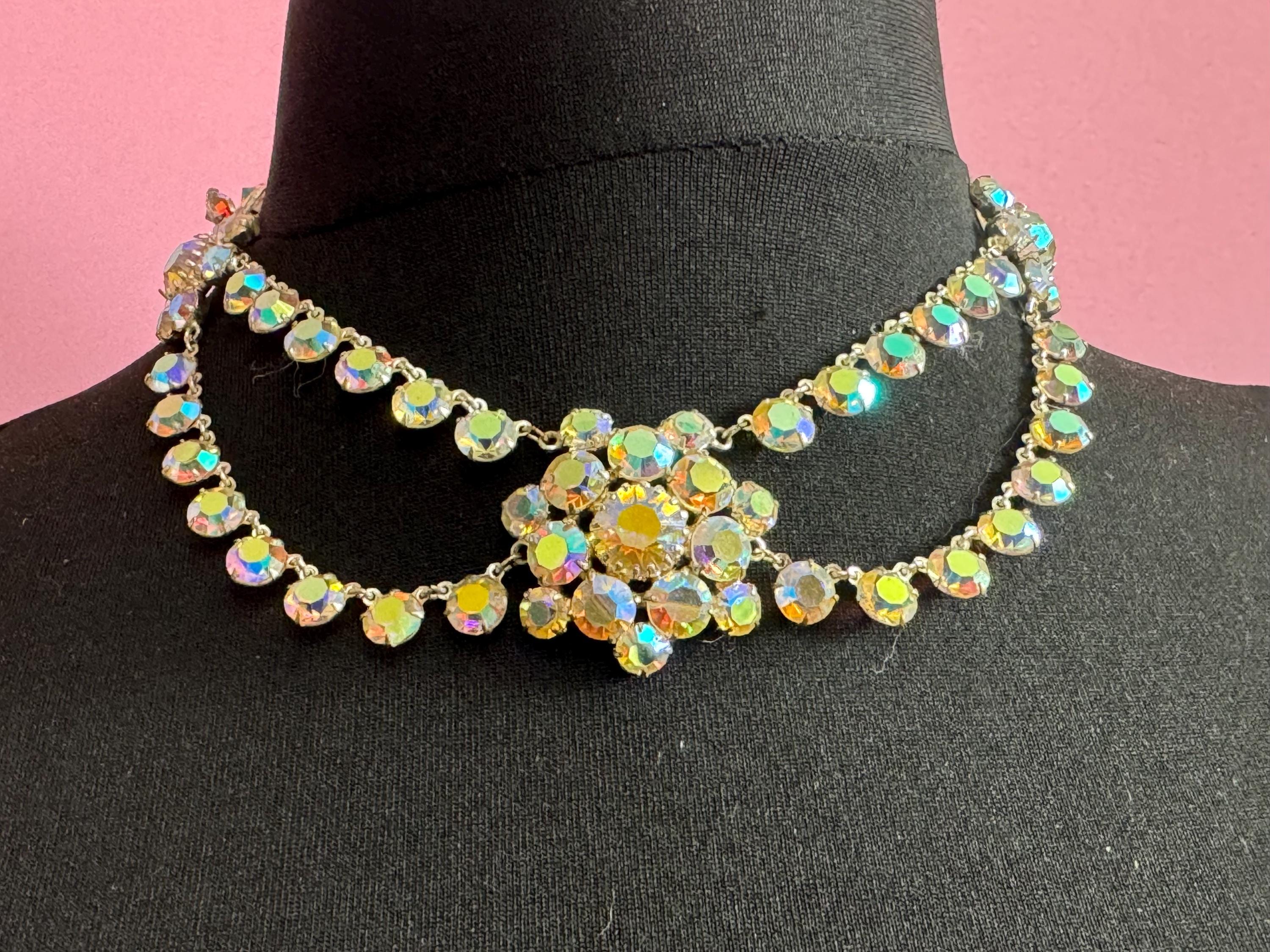 Vintage Aurora Borealis Crystal Swag Bib Necklace