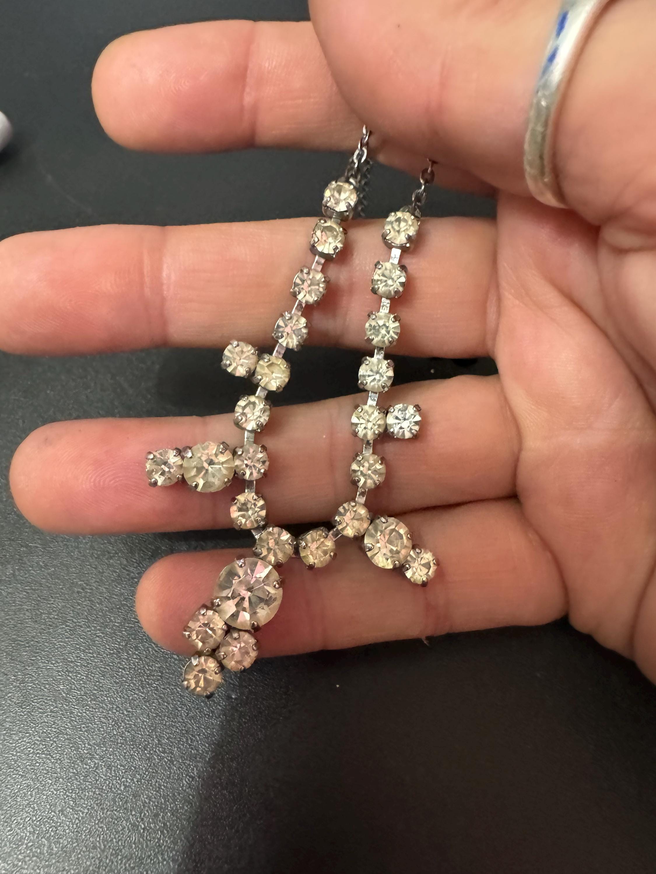 Vintage clear diamanté glass rhinestone crystal silver tone necklace 41cm