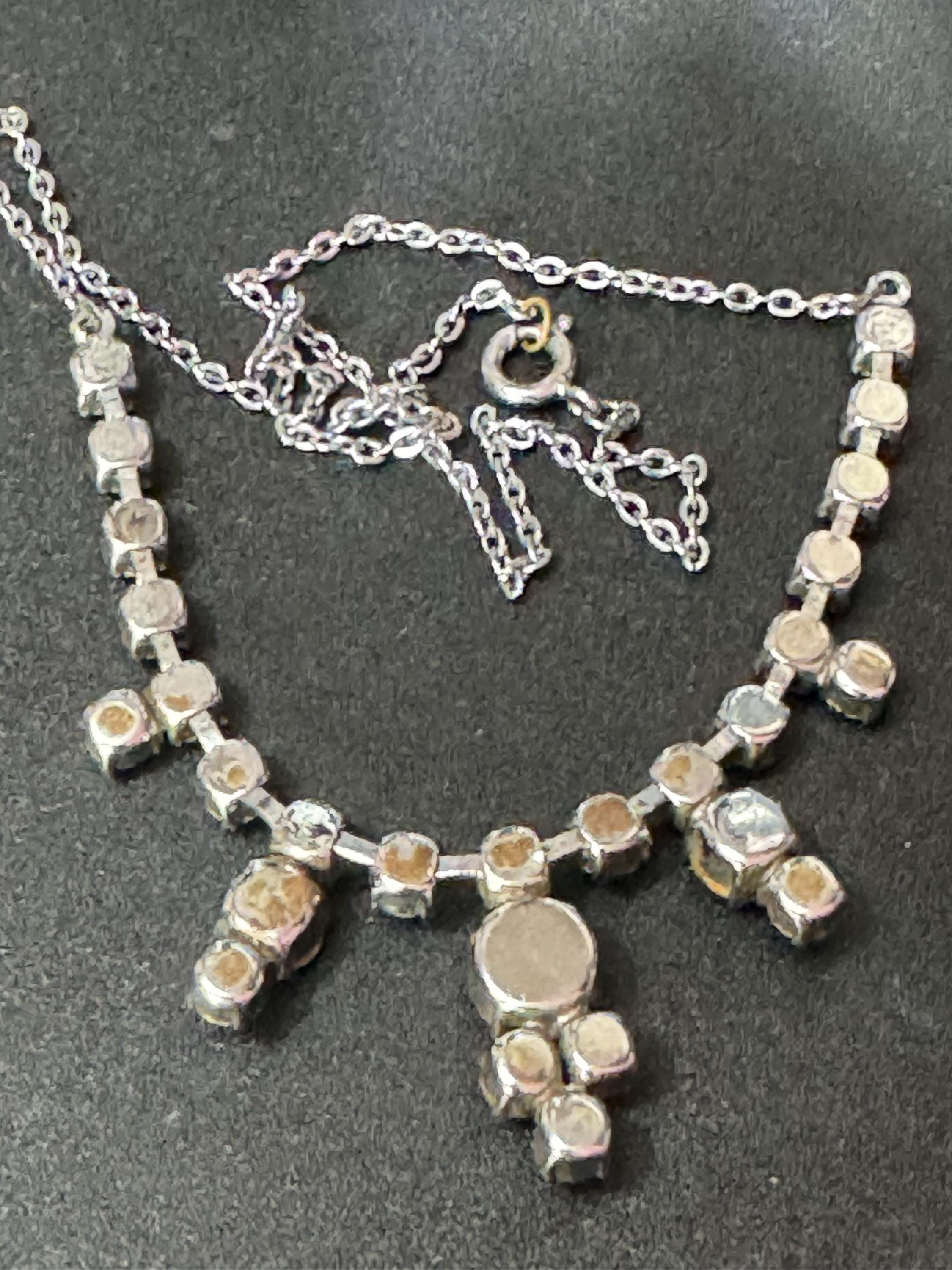 Vintage clear diamanté glass rhinestone crystal silver tone necklace 41cm