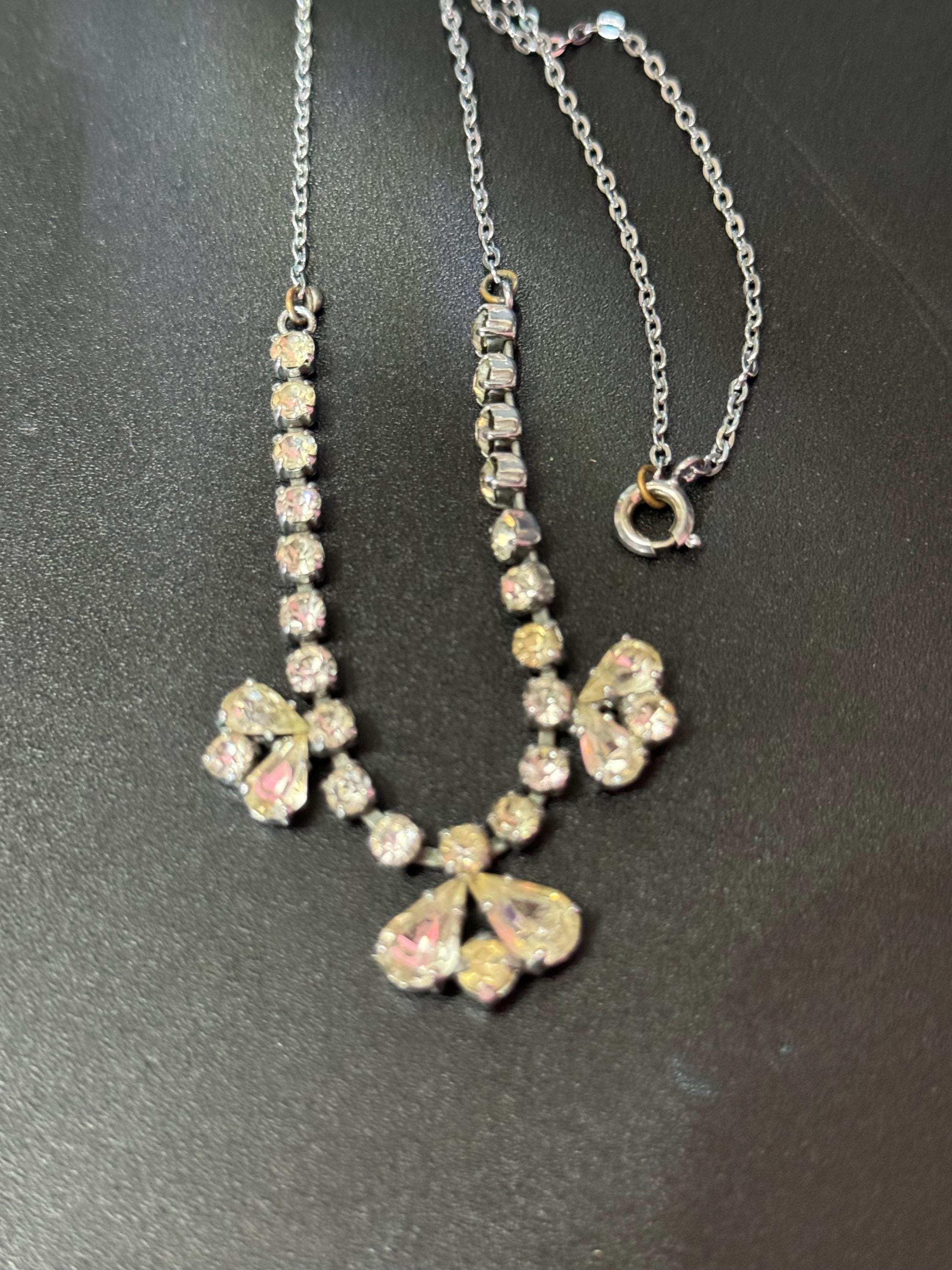 Vintage clear diamanté glass rhinestone crystal silver tone necklace 41cm