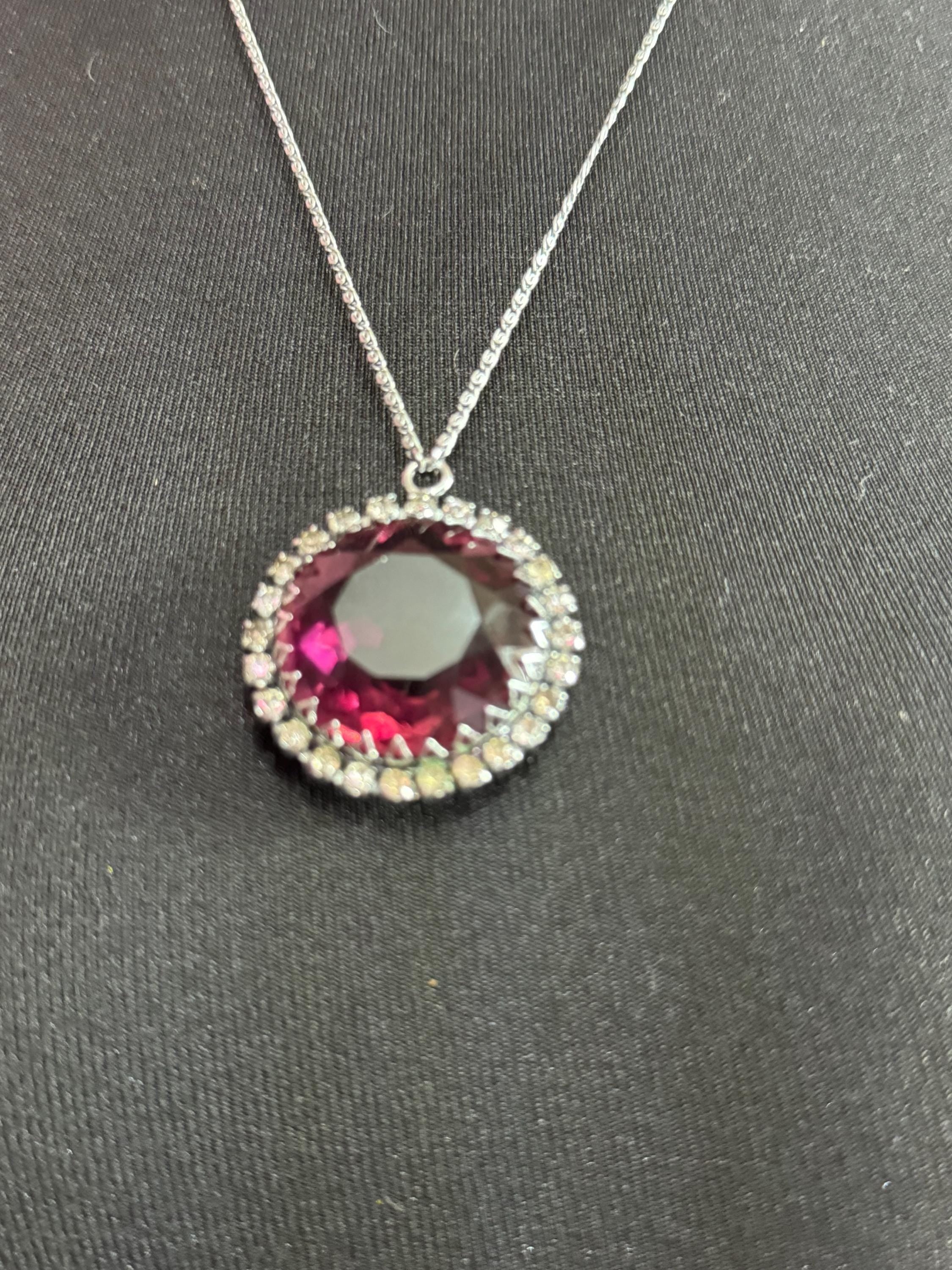 Vintage large silver tone round clear diamanté purple amethyst glass 1970s pendant necklace