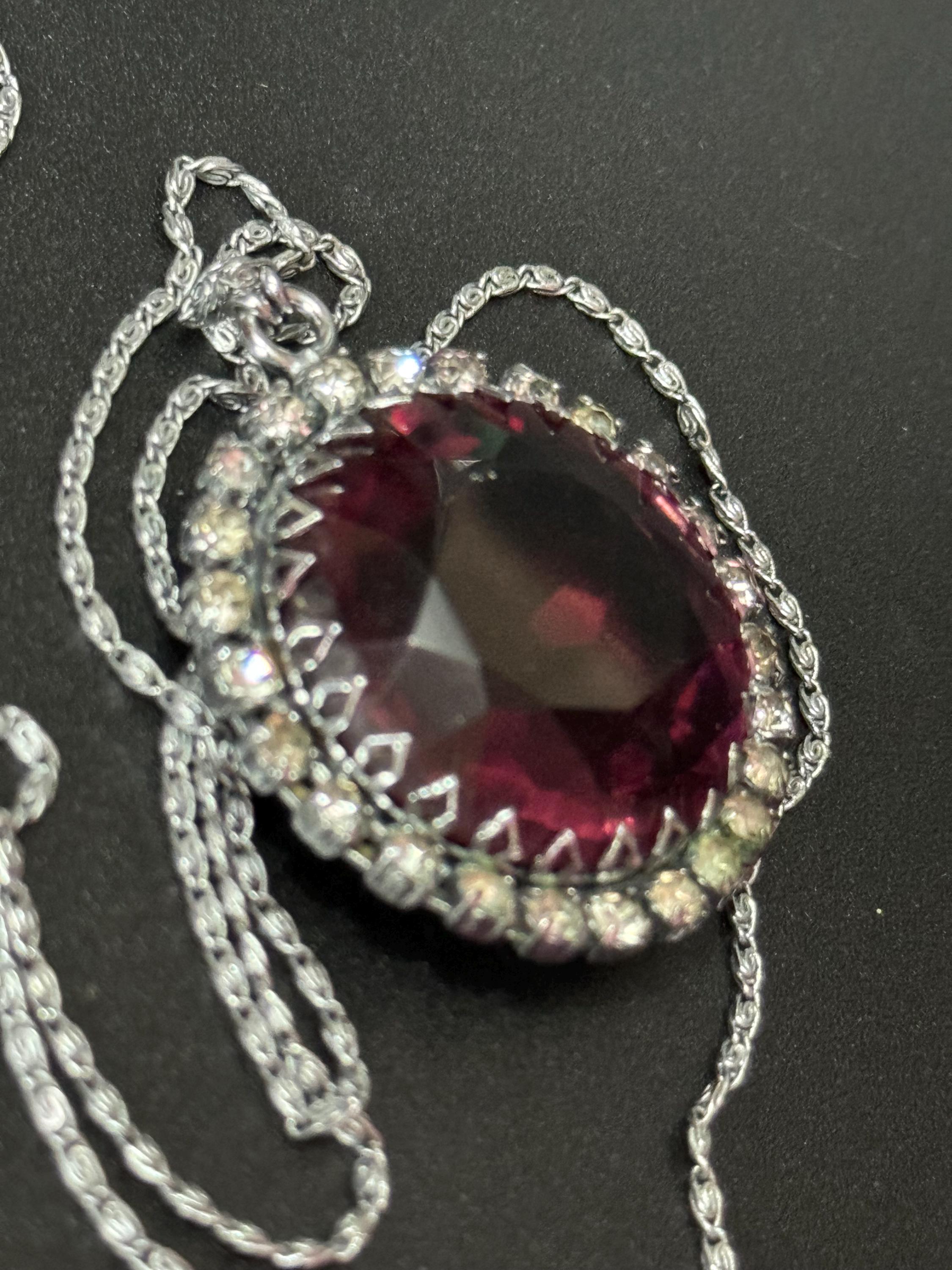 Vintage large silver tone round clear diamanté purple amethyst glass 1970s pendant necklace