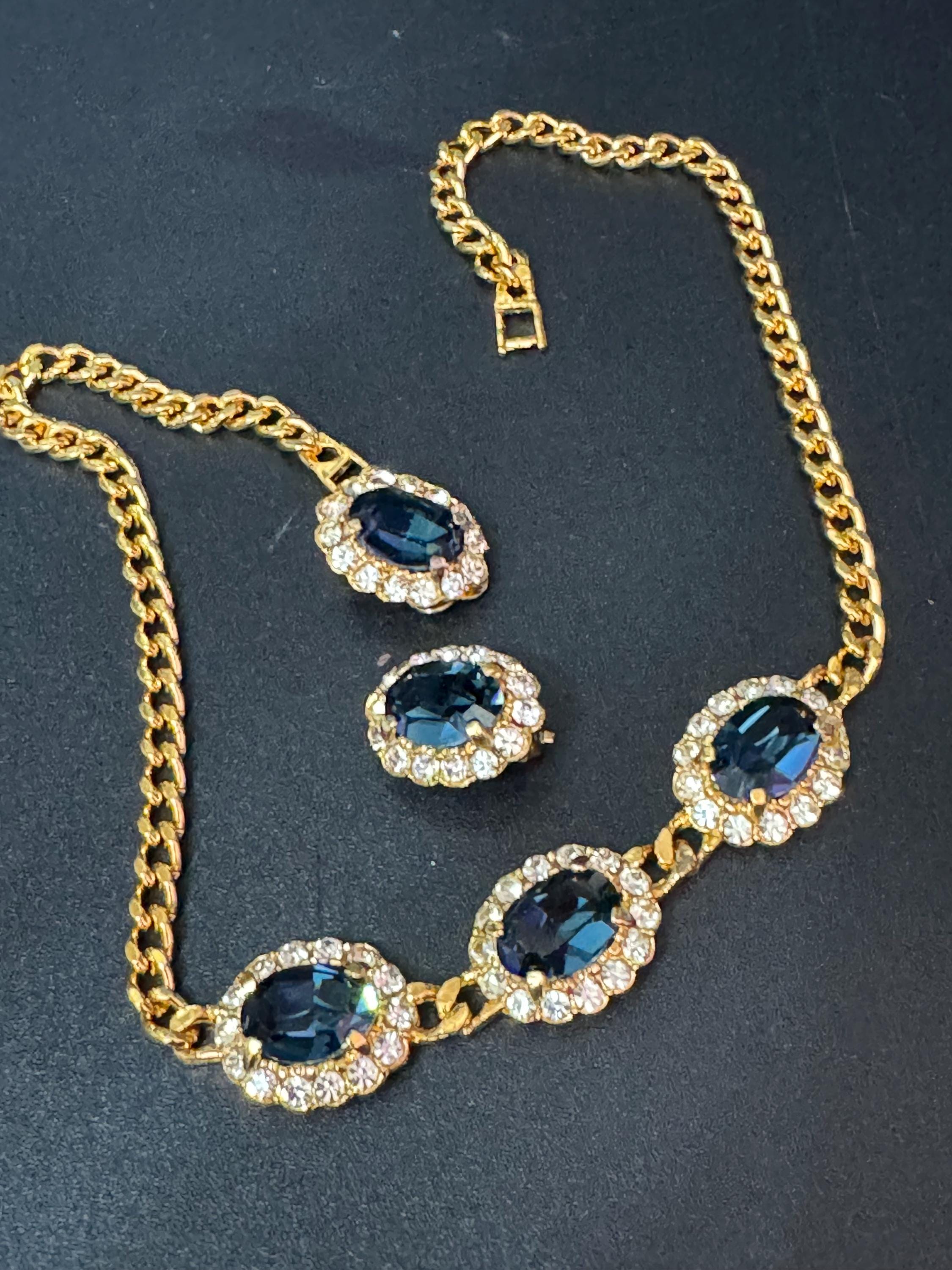Vintage sapphire blue clear genuine Swarovski crystal oval gold tone necklace and clip on earrings jewellery set