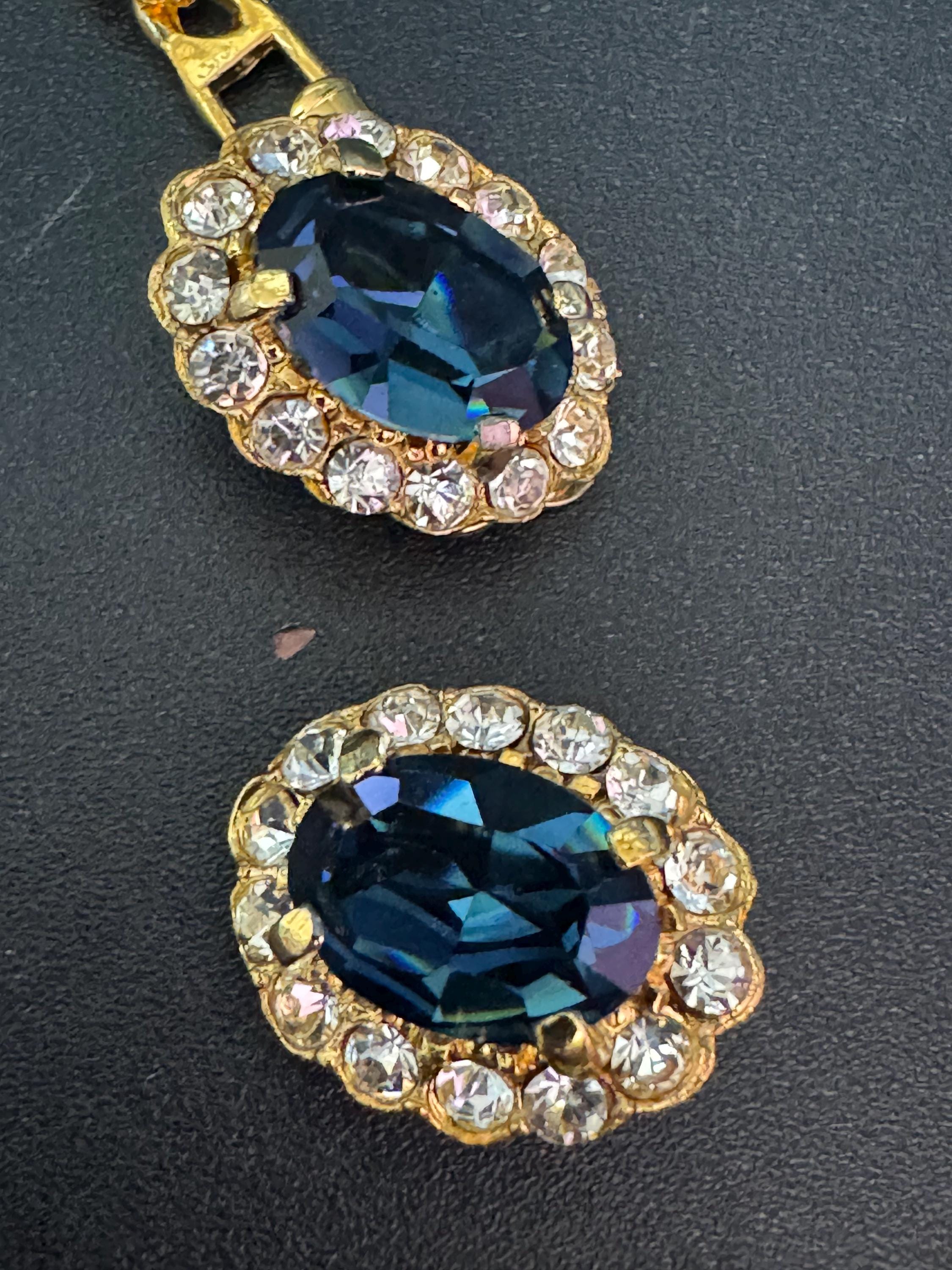 Vintage sapphire blue clear genuine Swarovski crystal oval gold tone necklace and clip on earrings jewellery set