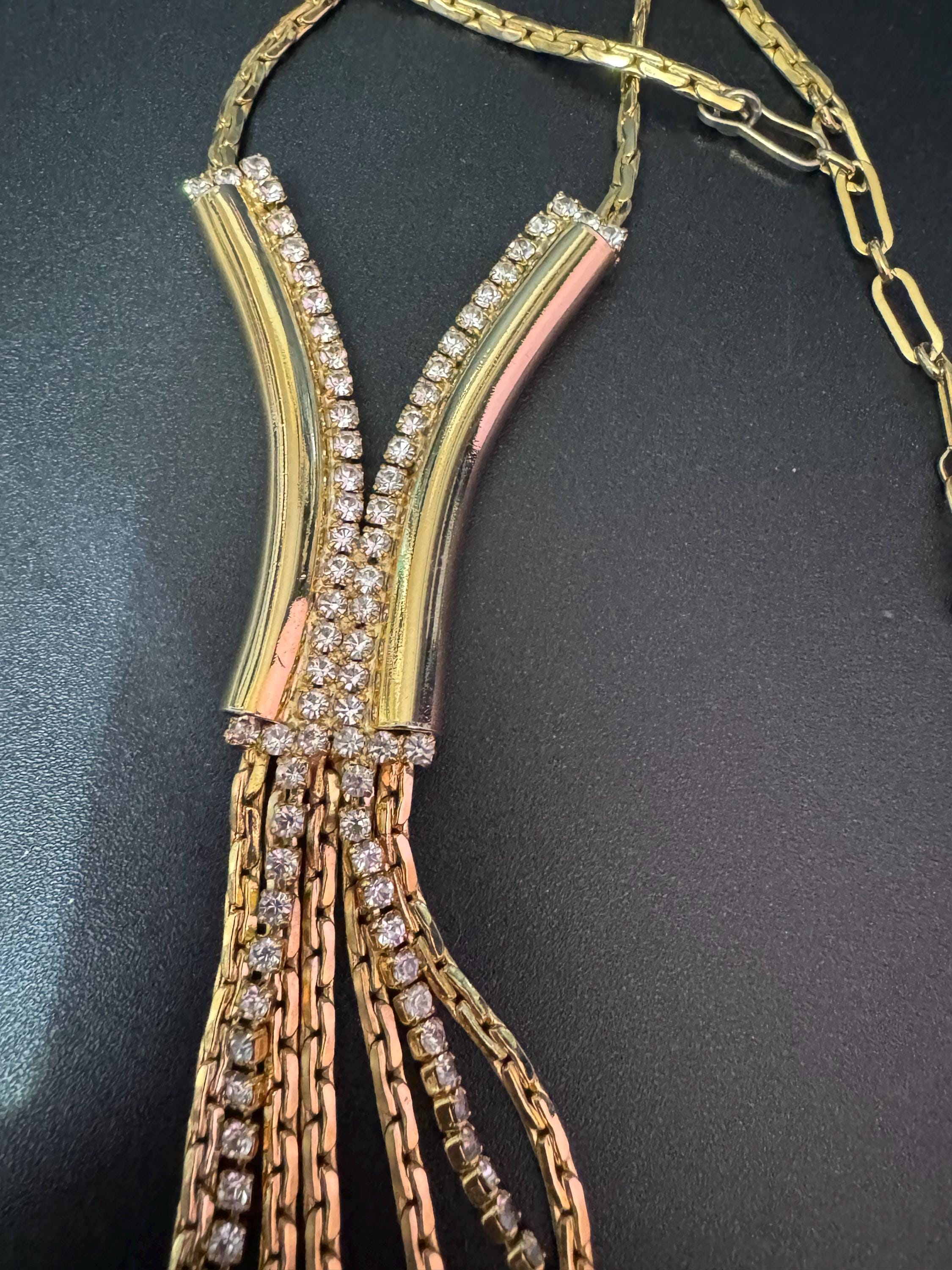 Vintage gold tone mesh lariat drop necklace with clear diamanté glass paste stones