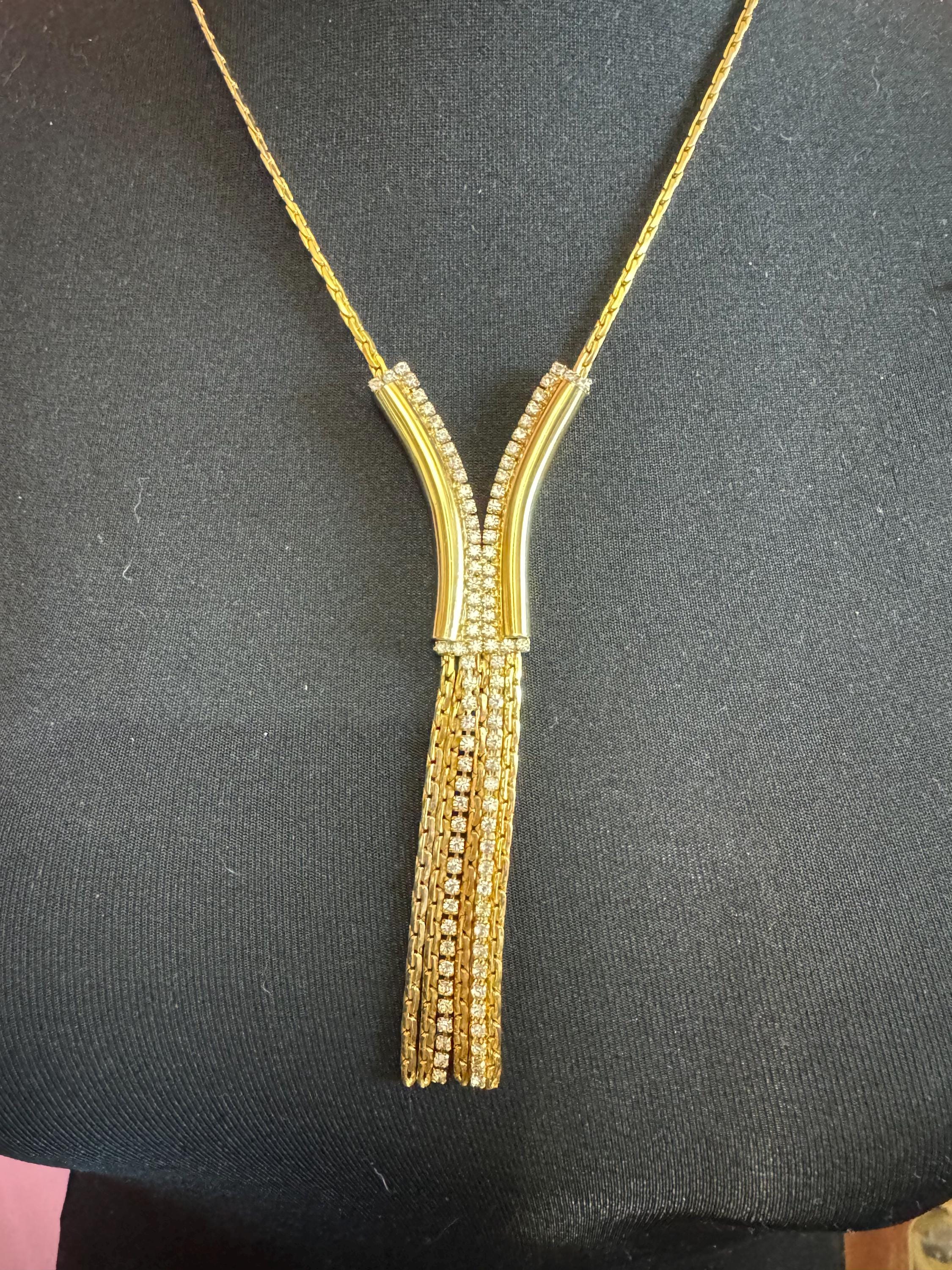 Vintage gold tone mesh lariat drop necklace with clear diamanté glass paste stones