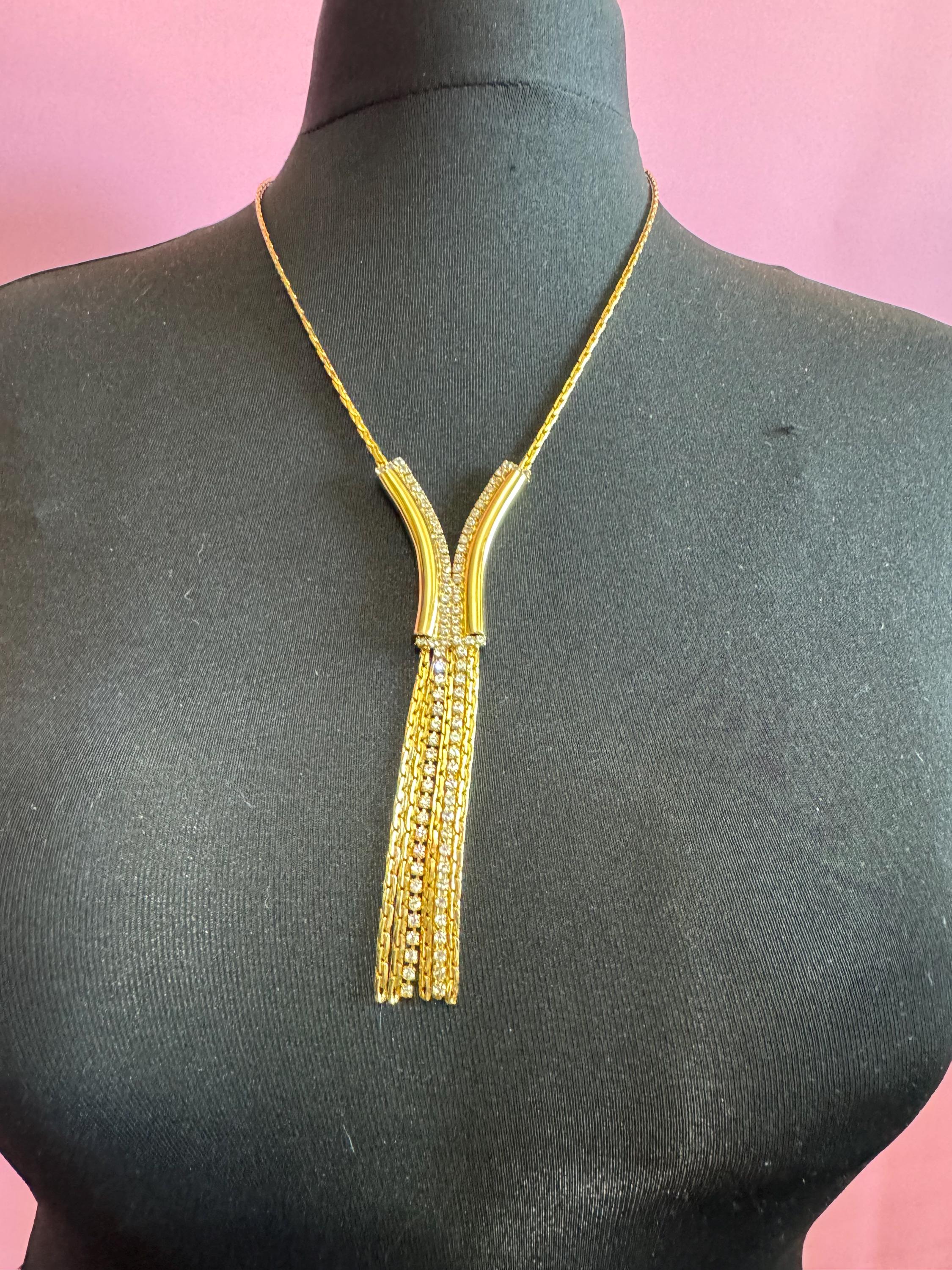 Vintage gold tone mesh lariat drop necklace with clear diamanté glass paste stones