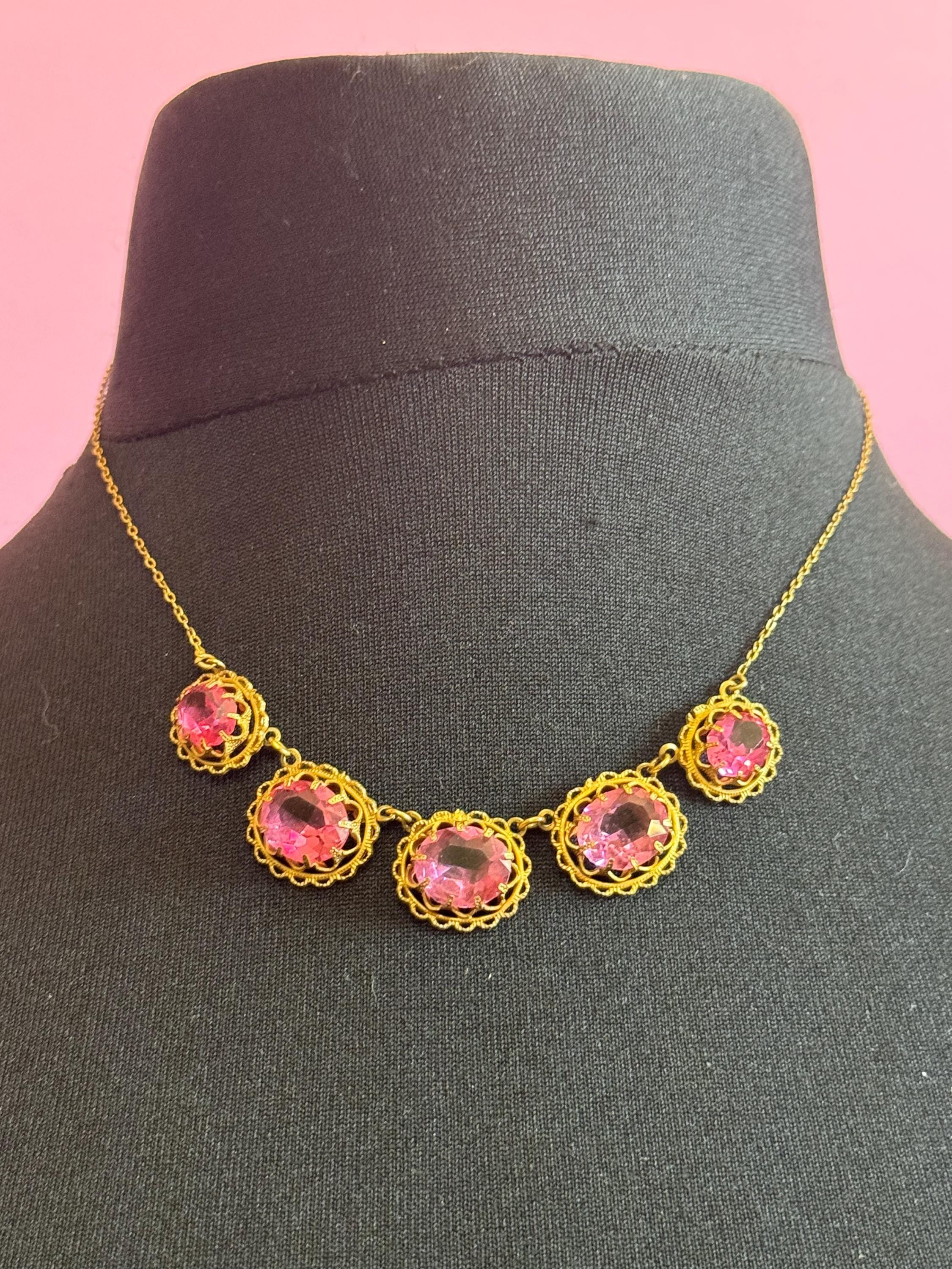 pink rhinestone dainty necklace, Vintage gold tone 45cm