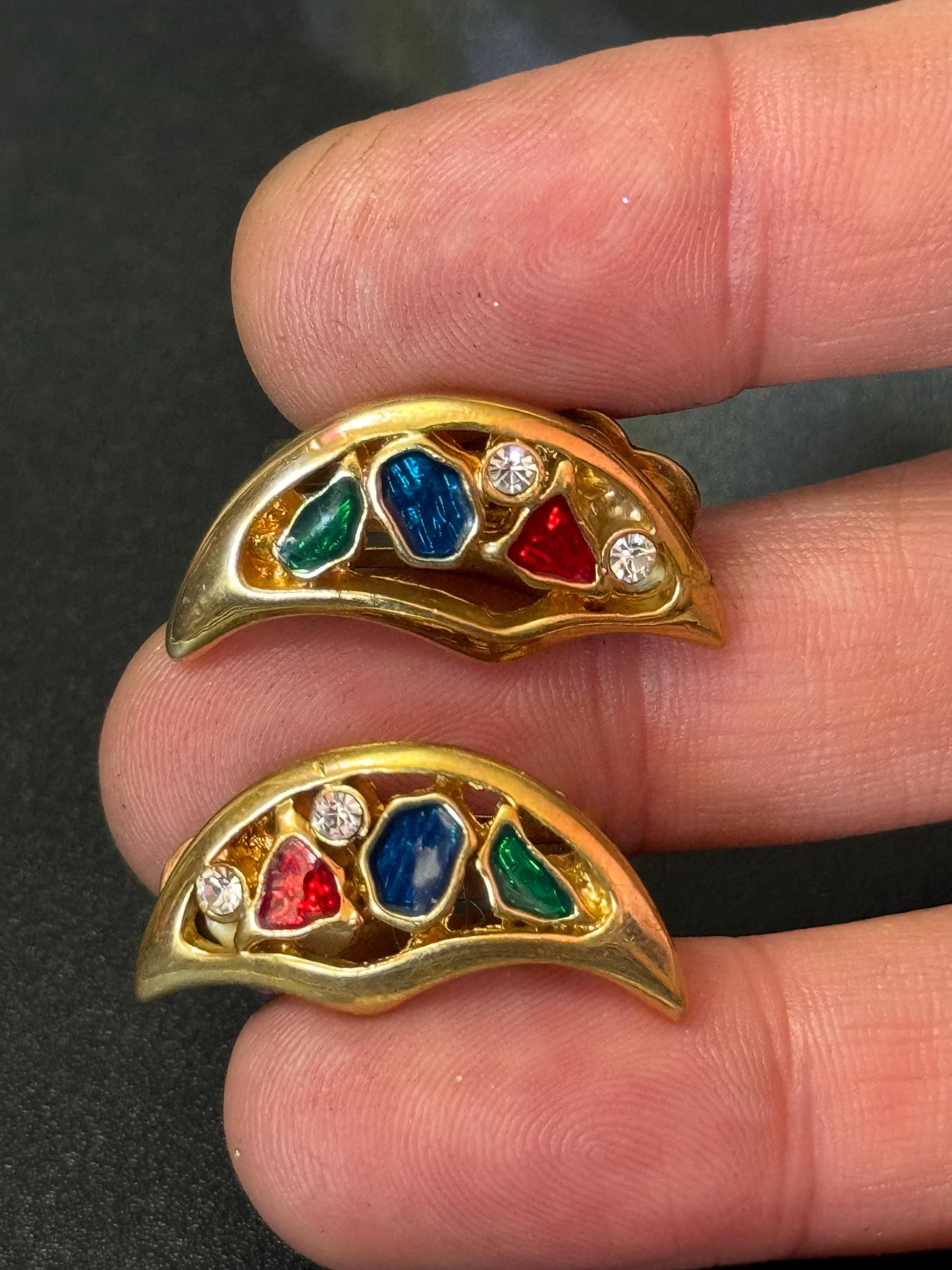 Crescent Moon Clip On Earrings: Diamanté Gripoix Style