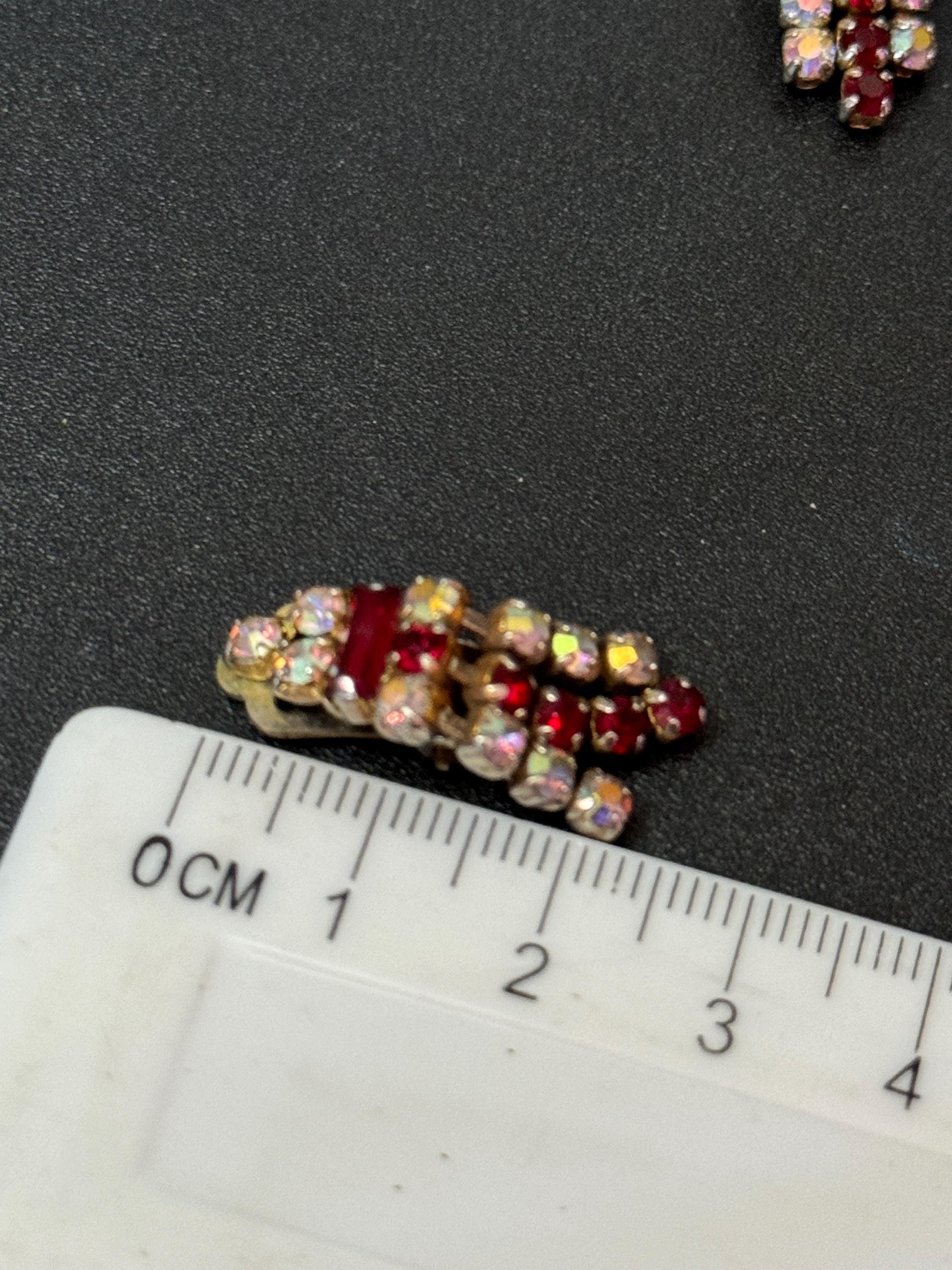 Ruby glass rhinestone earrings, vintage gold tone