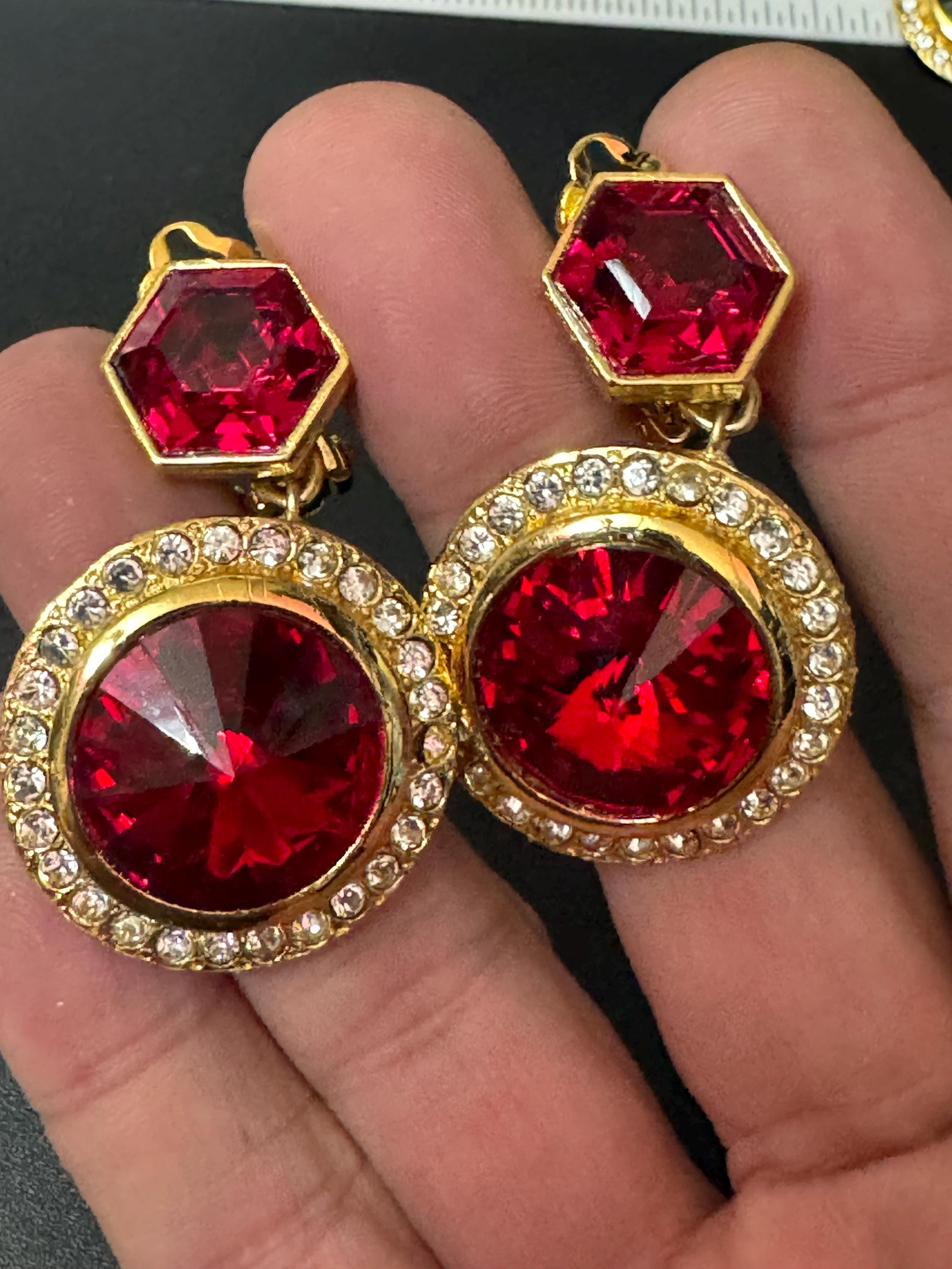 Vintage Swarovski Crystal Dangly Earrings: Gold Tone Ruby Red Rivoli, 1980s