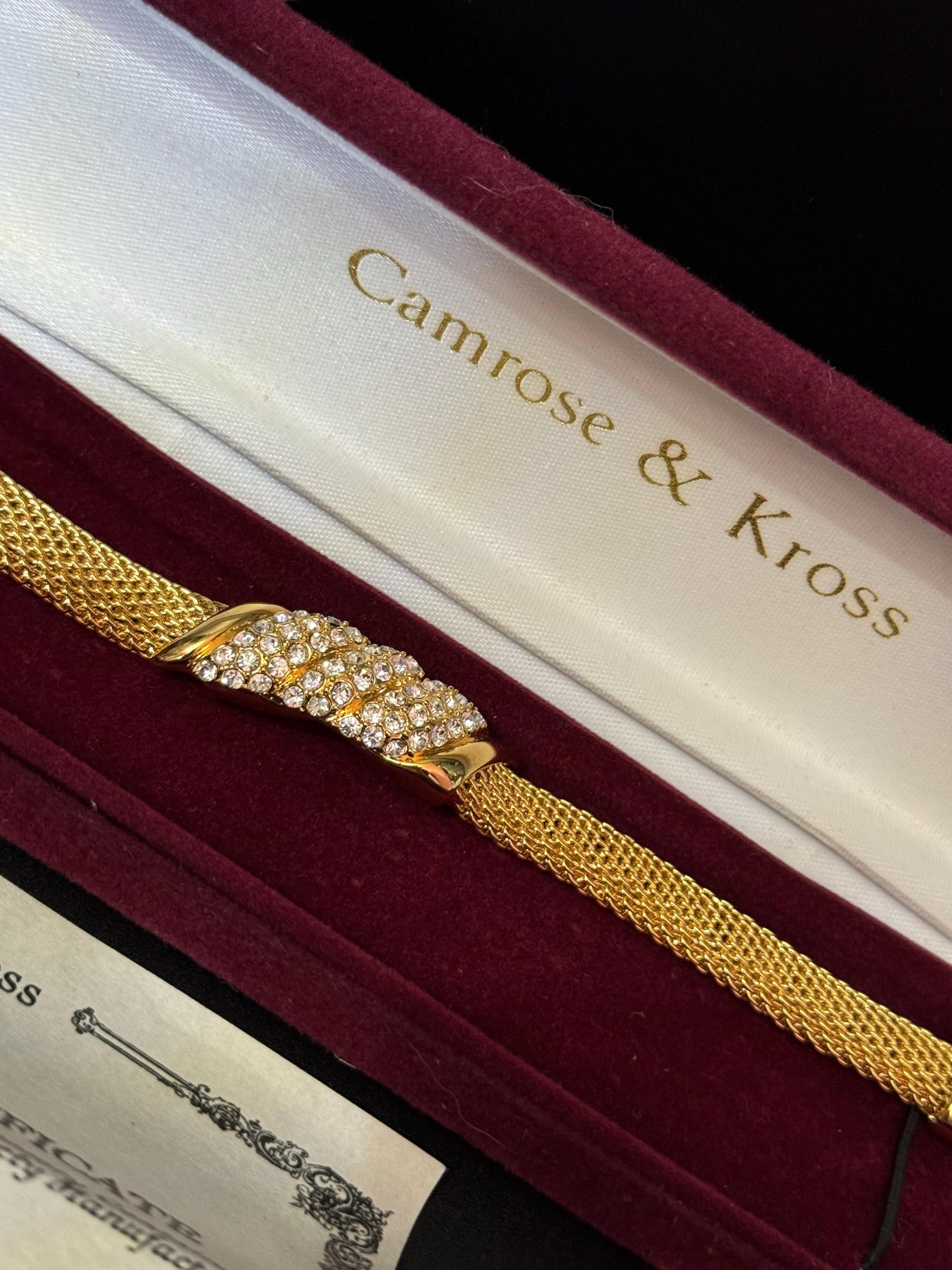 camrose and Kross signed JBK Jaqueline Kennedy vintage gold tone clear diamanté wide mesh panel bracelet