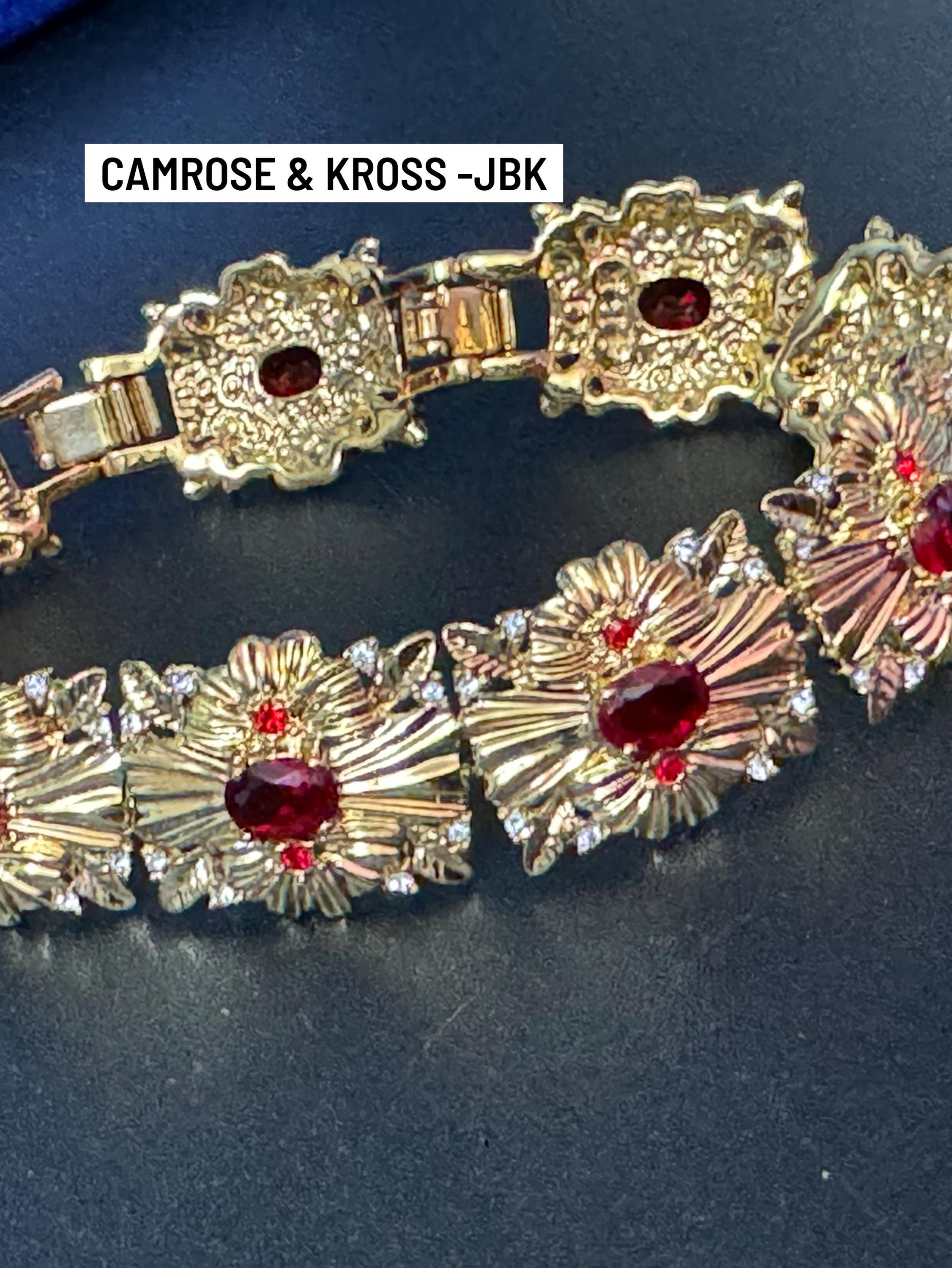 camrose and Kross signed JBK Jaqueline Kennedy vintage gold tone ruby red diamanté wide panel bracelet