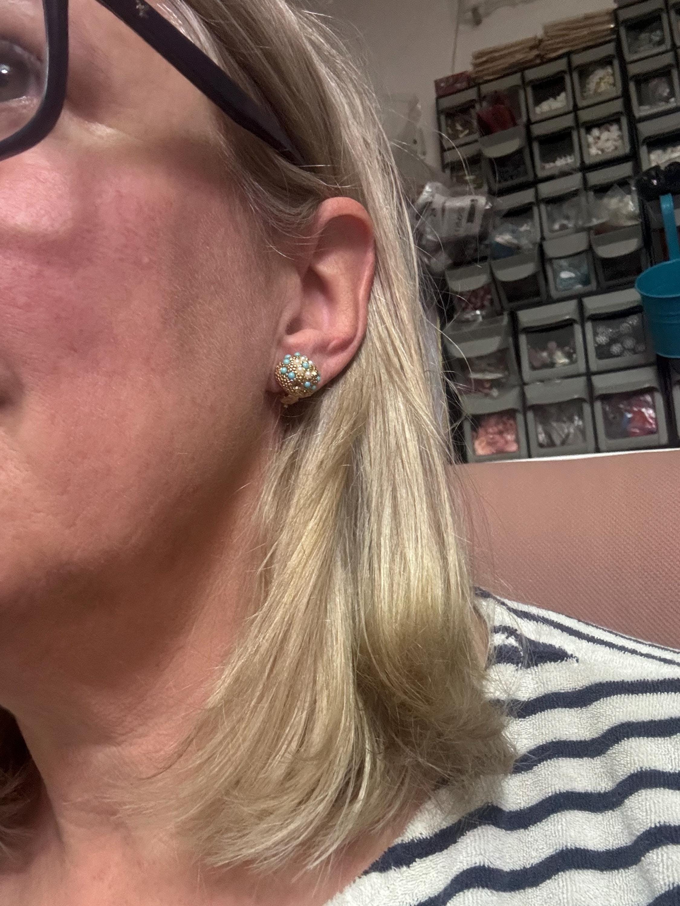 True Vintage 1960s gold tone Turquoise seed pearl domed clip on earrings old shop stock