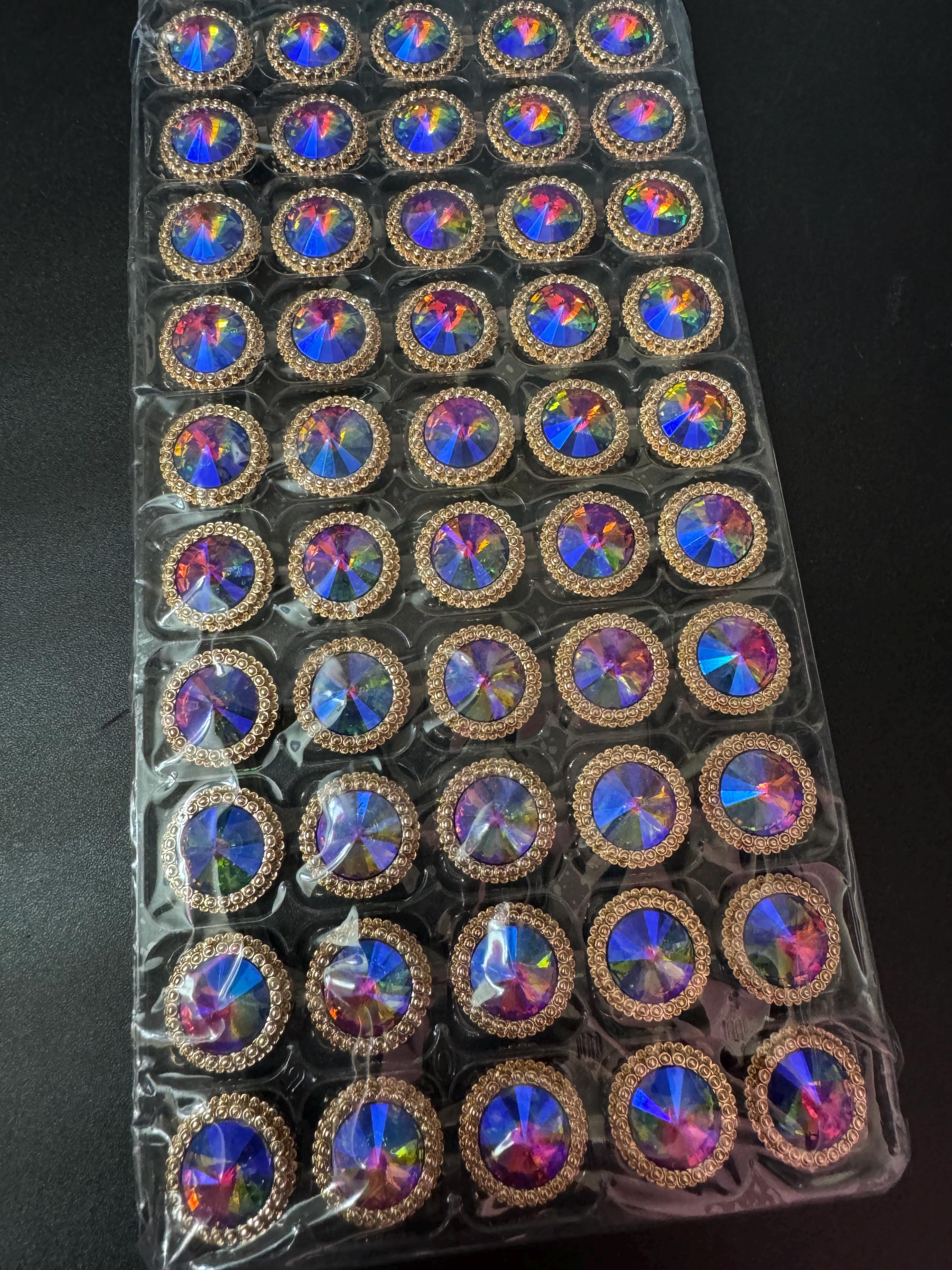 21mm Rainbow Multicolour Rivoli Crystal Glass Buttons, Pack of 5, Gold Tone Metal Shank