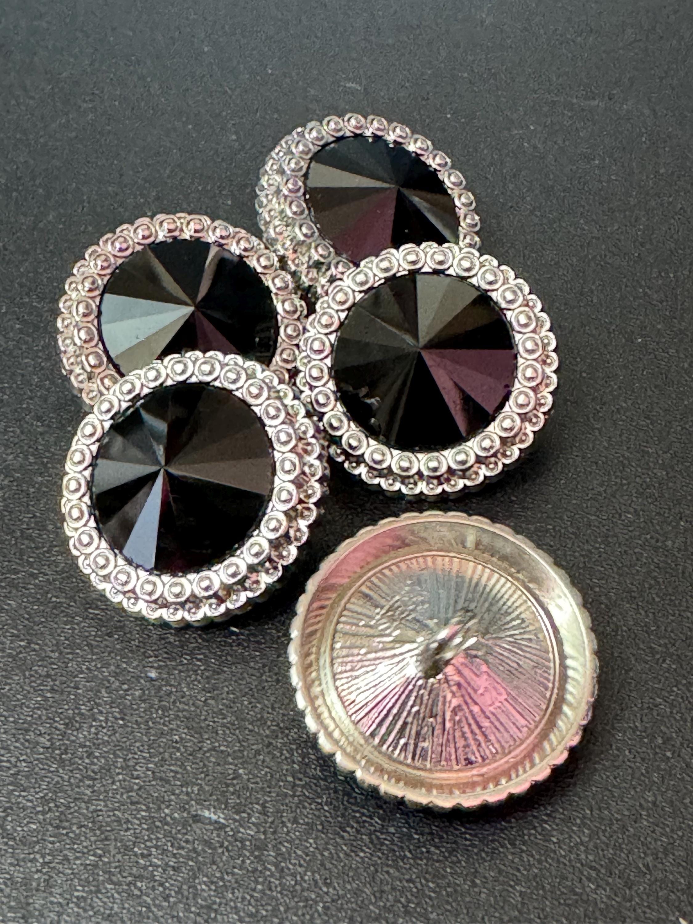 21mm Black Rivoli Crystal Glass Buttons, Pack of 5, Silver Tone Metal Shank