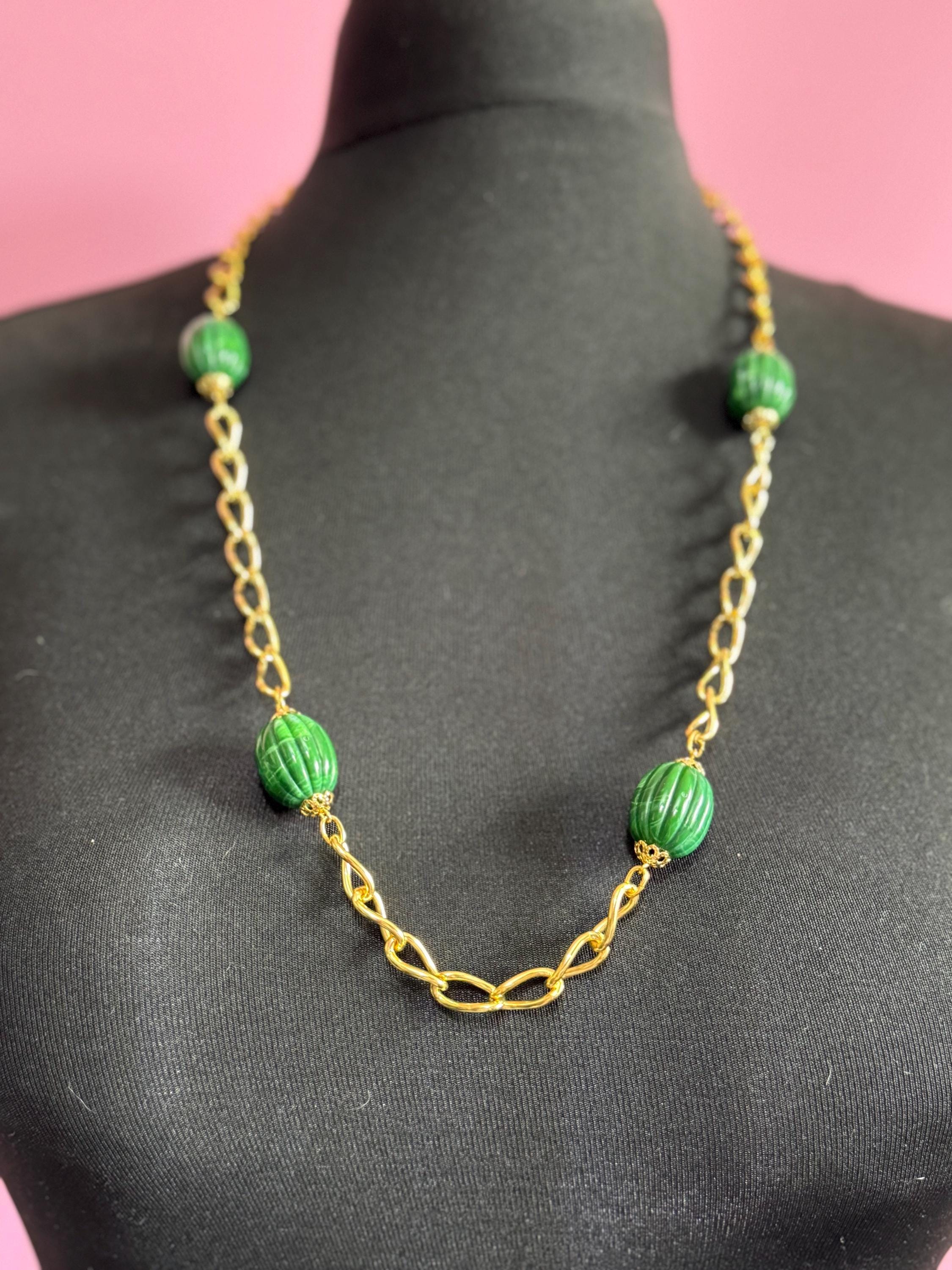 1980s Gold Plated Green Beaded Station Necklace - 23.5”