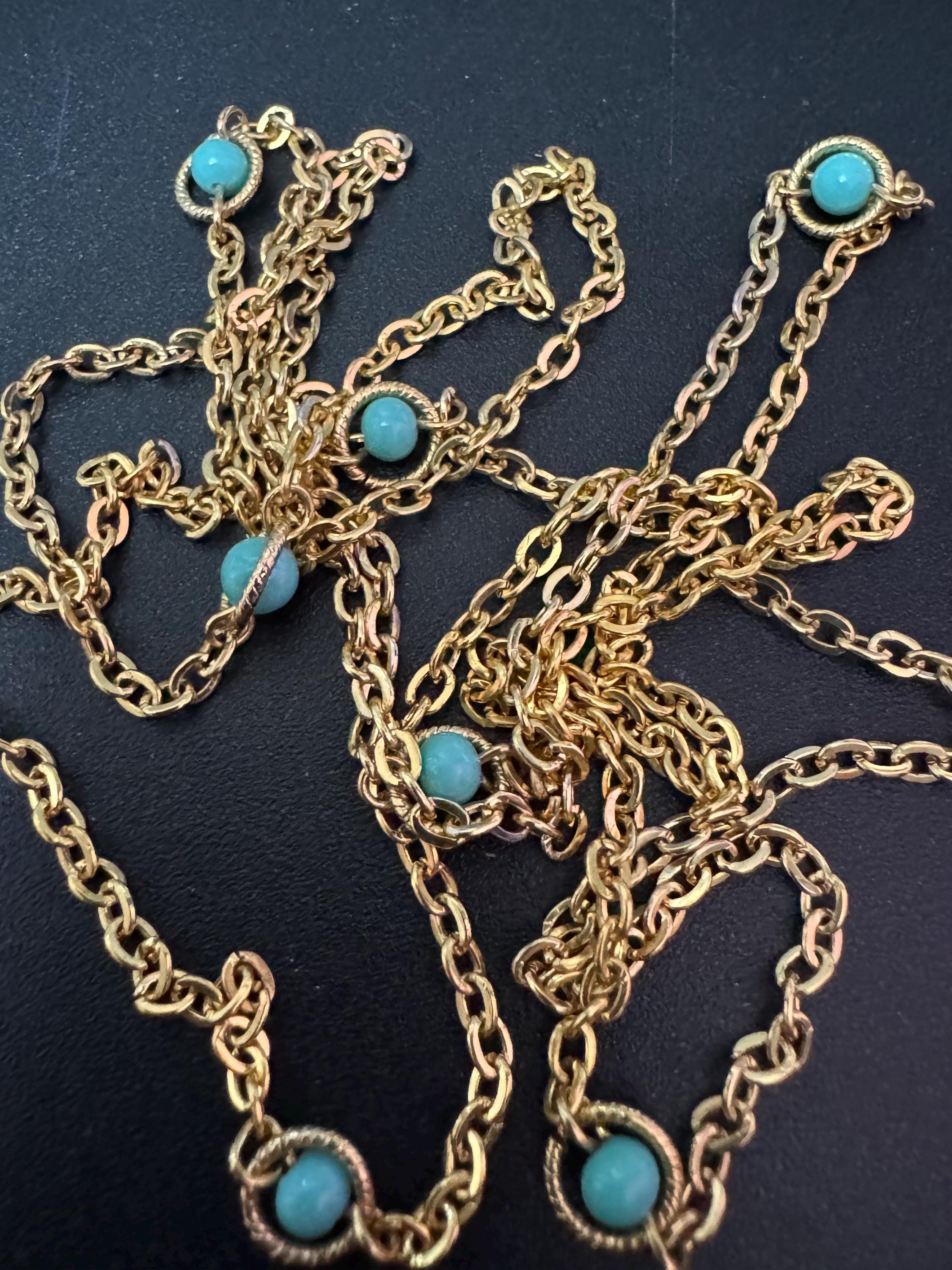 Turquoise Bead long gold chain Necklace - Layering 1980s