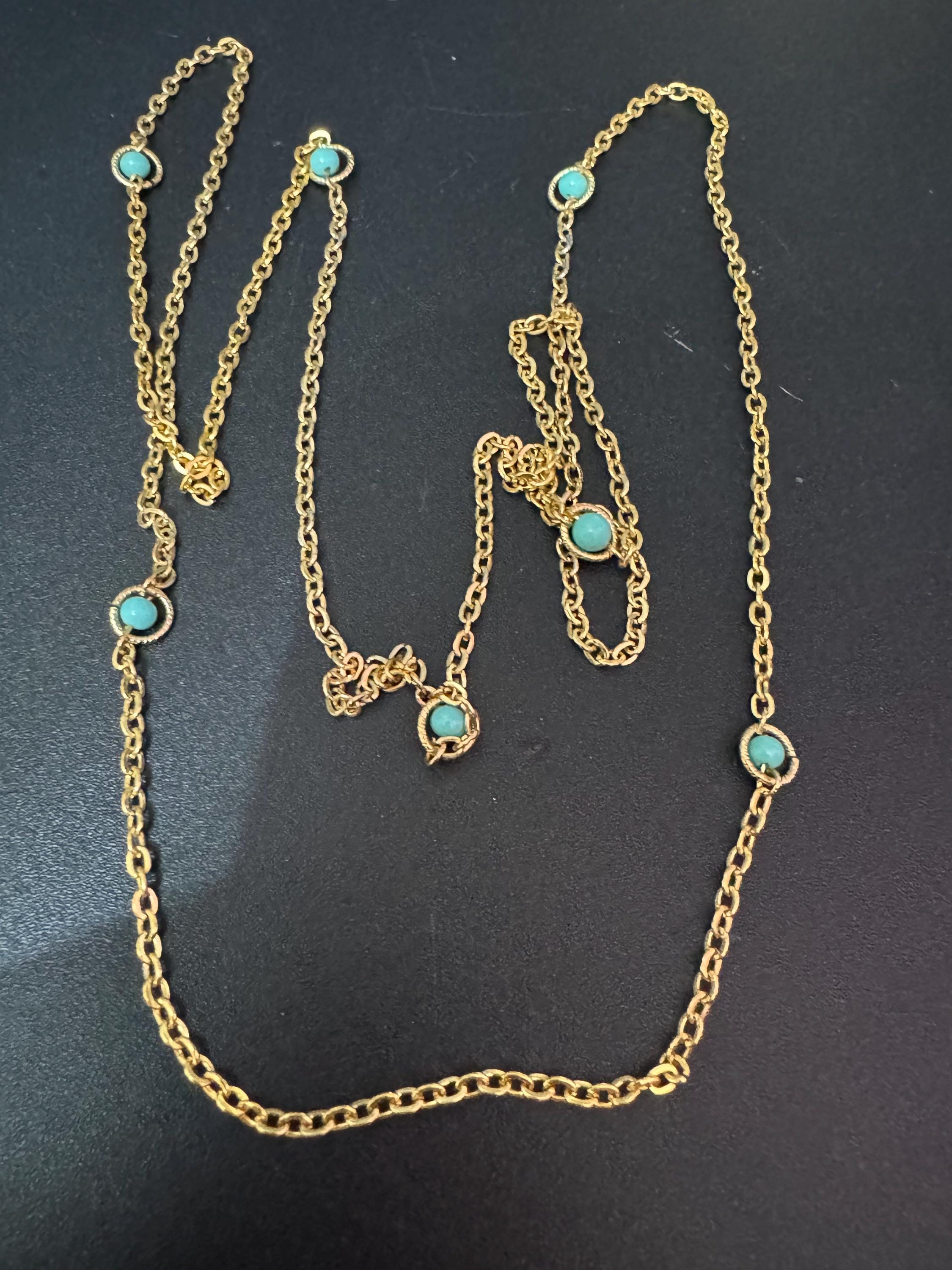 Turquoise Bead long gold chain Necklace - Layering 1980s