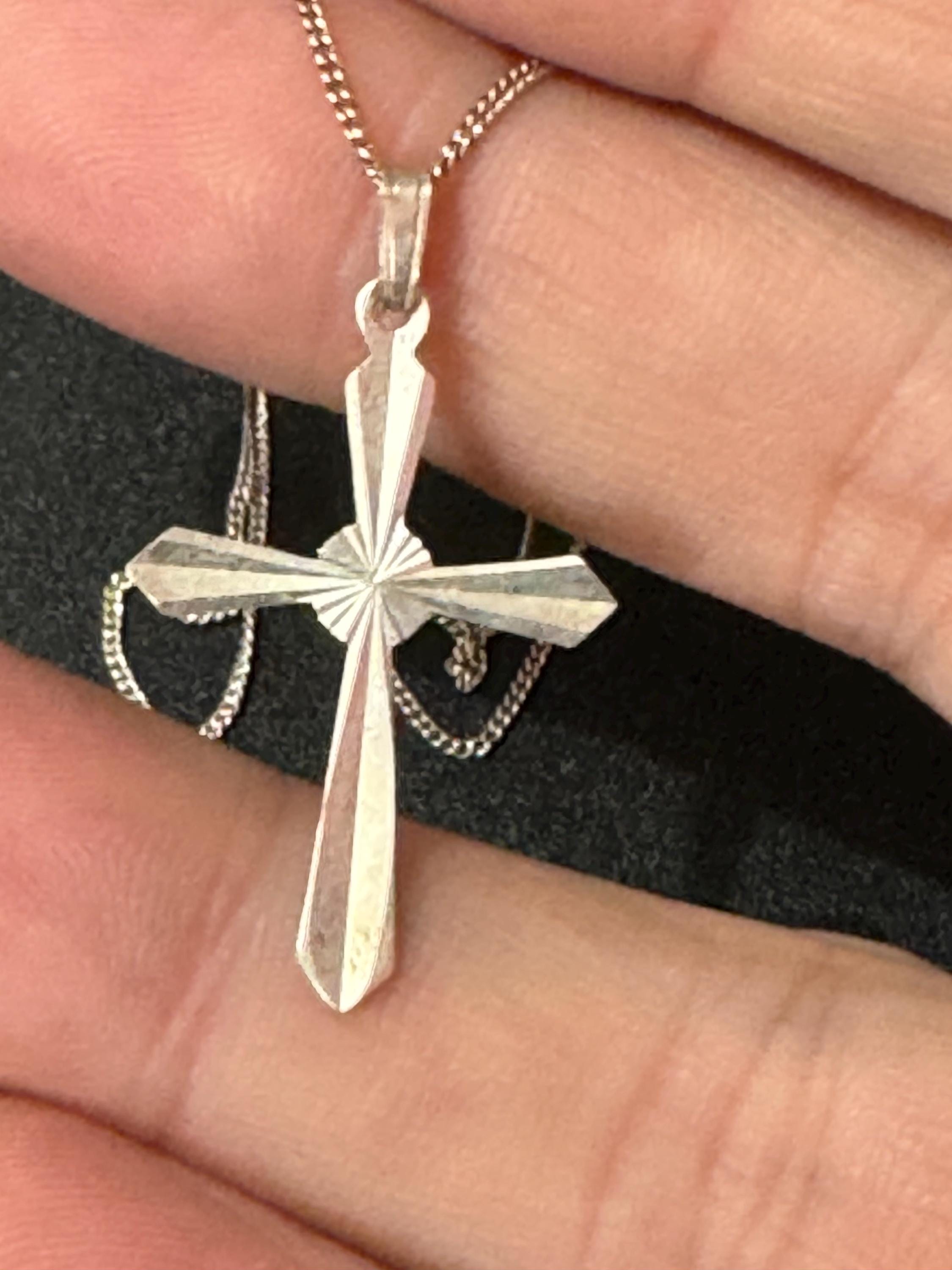 Dainty Sterling Silver Cross Pendant Necklace - Diamond Cut Religious Jewelry