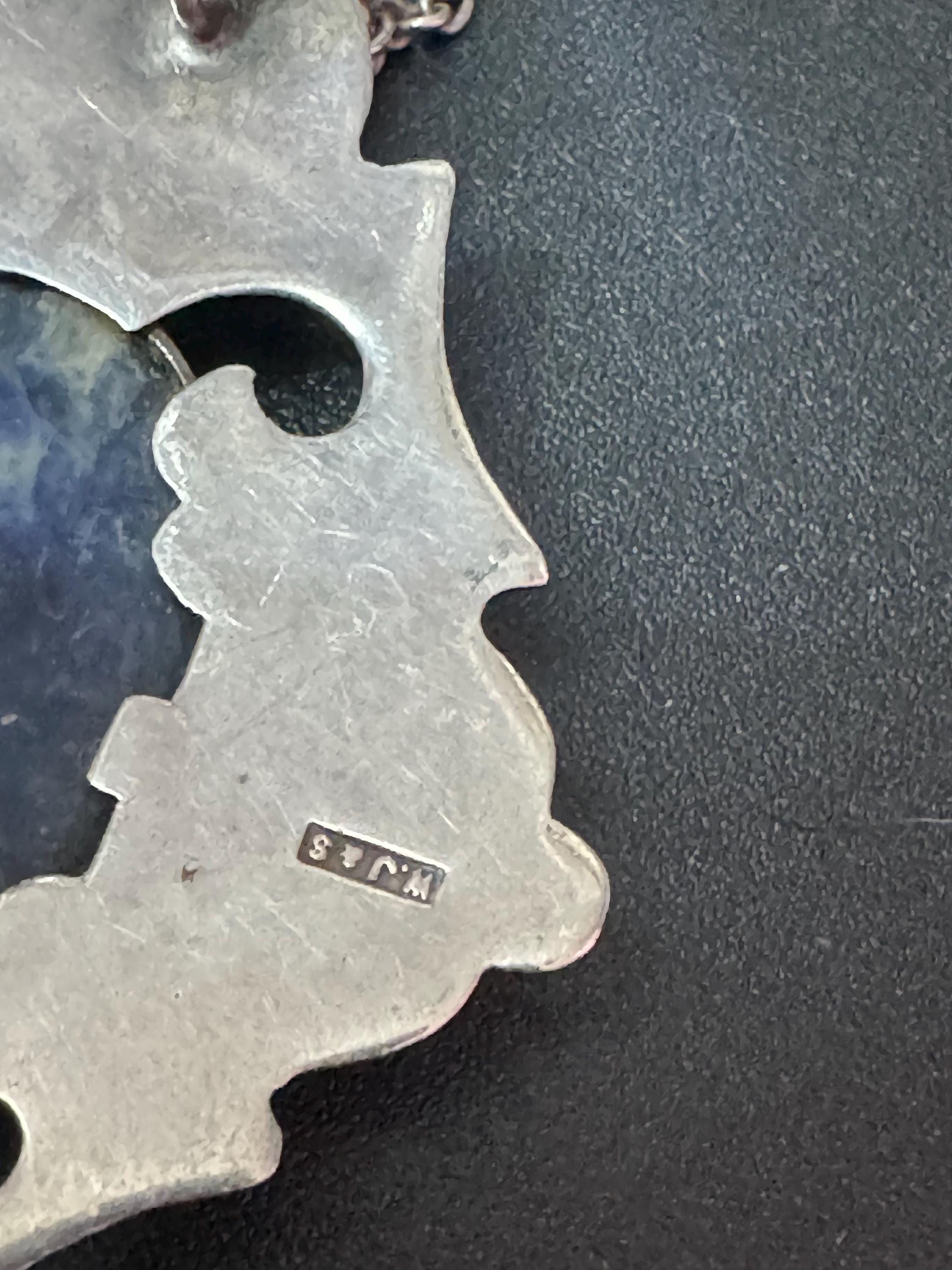 Vintage 925 Sterling Silver Necklace with large blue gemstone sodalite pendant full hallmarks