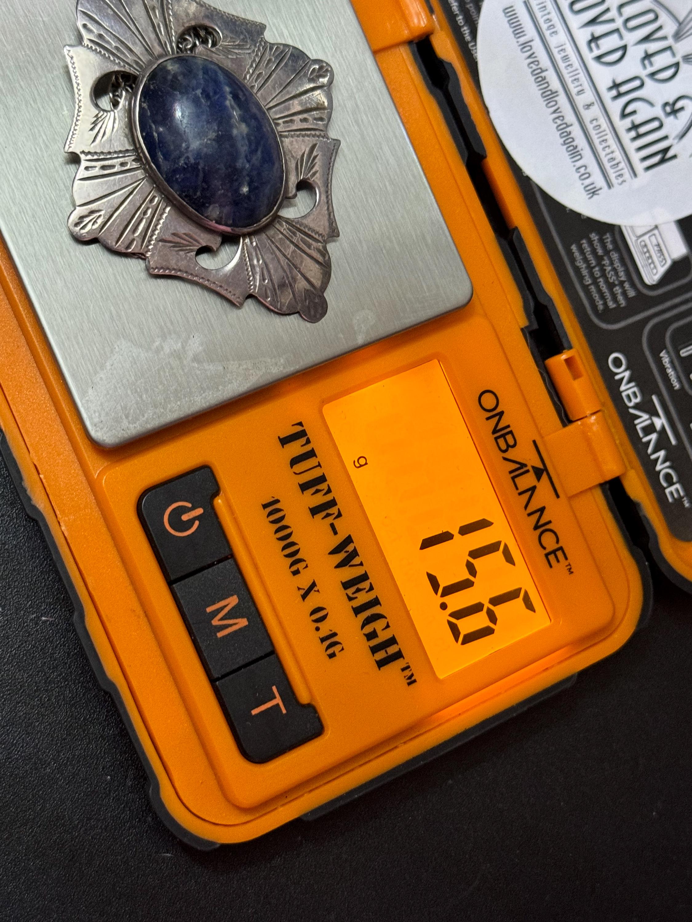 Vintage 925 Sterling Silver Necklace with large blue gemstone sodalite pendant full hallmarks