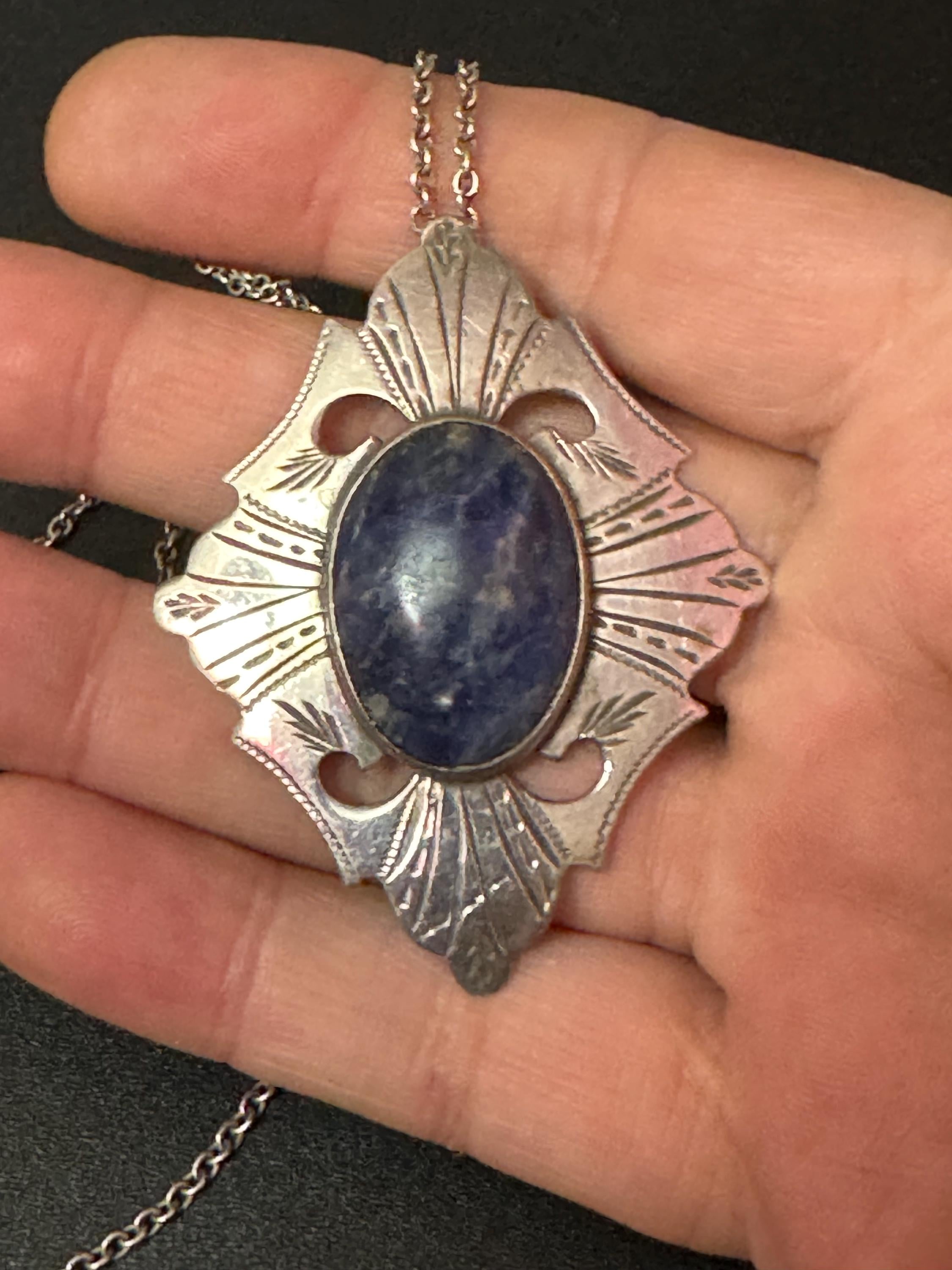 Vintage 925 Sterling Silver Necklace with large blue gemstone sodalite pendant full hallmarks