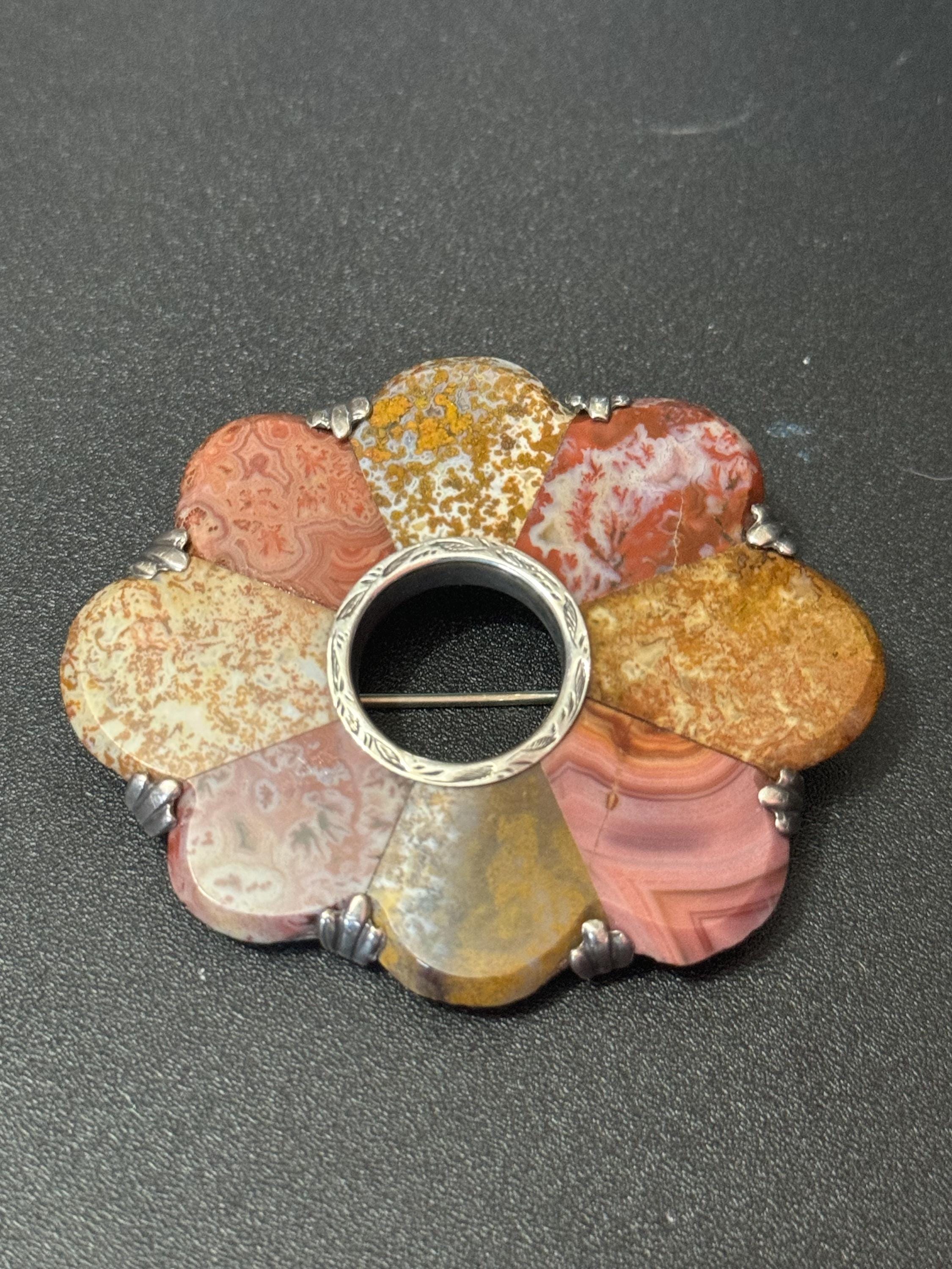 Antique sterling silver large scottish silver agate pebble brooch with c clasp celtic highlands broach 925