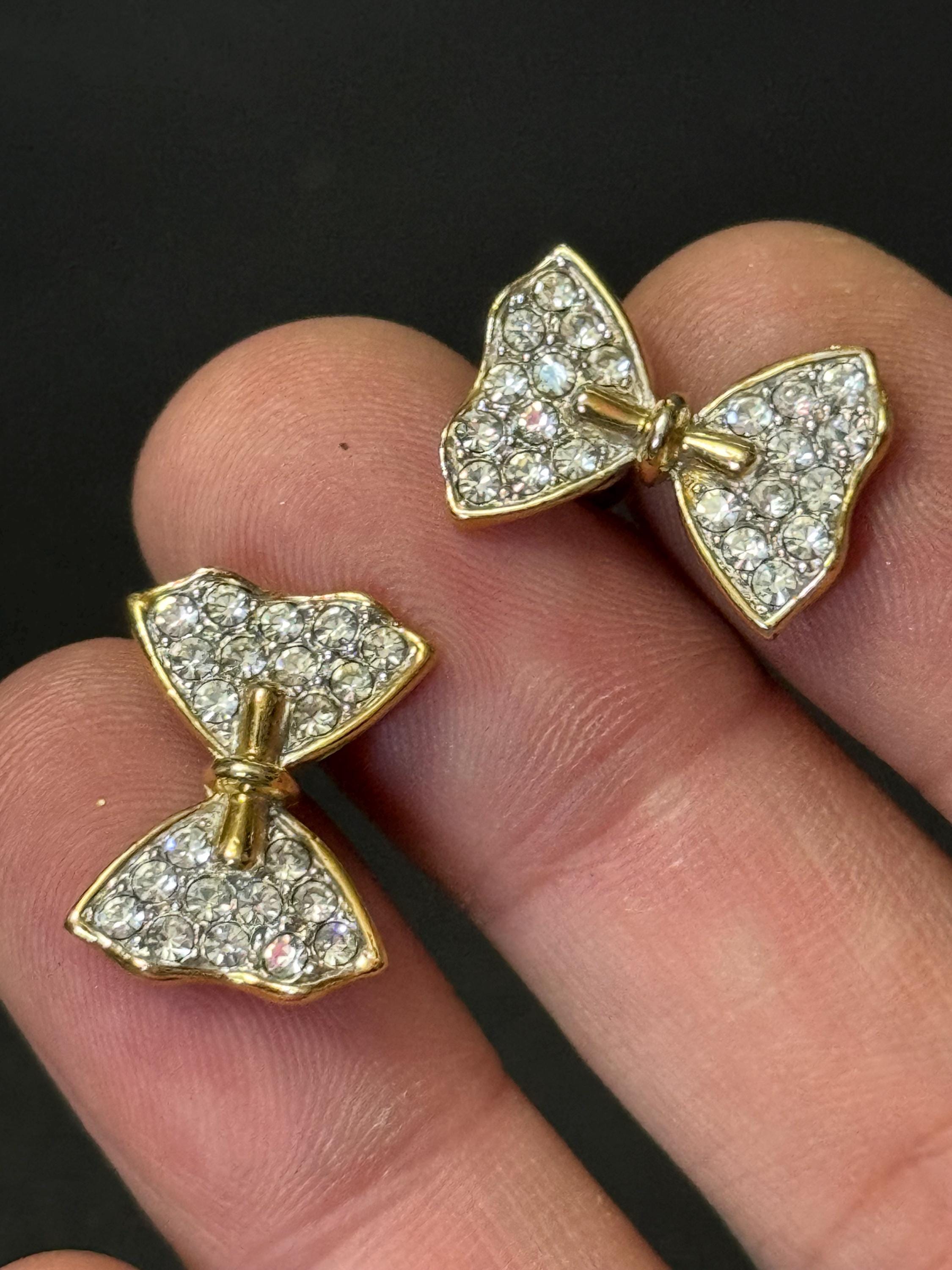 Vintage gold tone diamante bow earrings for pierced ears