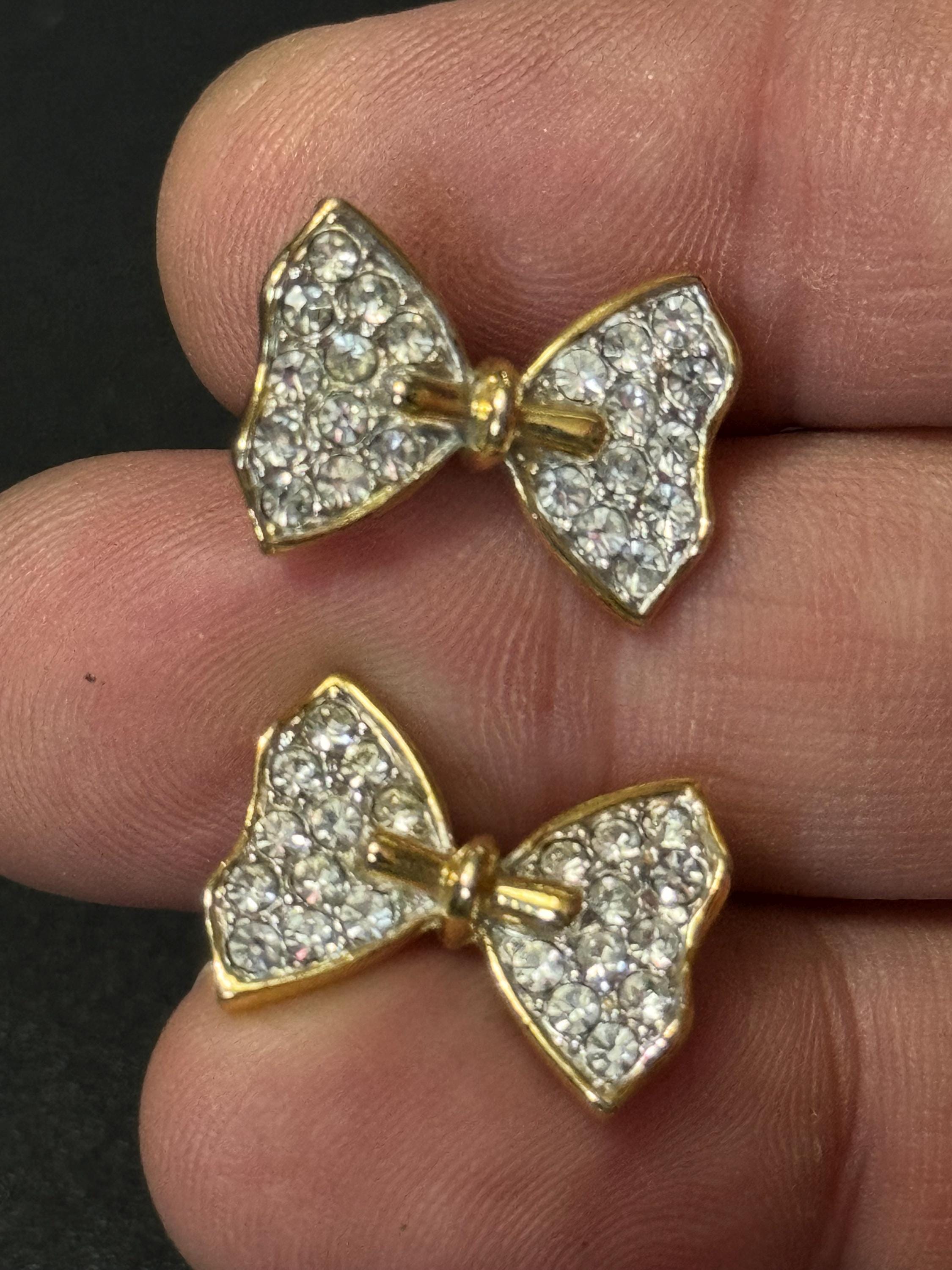 Vintage gold tone diamante bow earrings for pierced ears