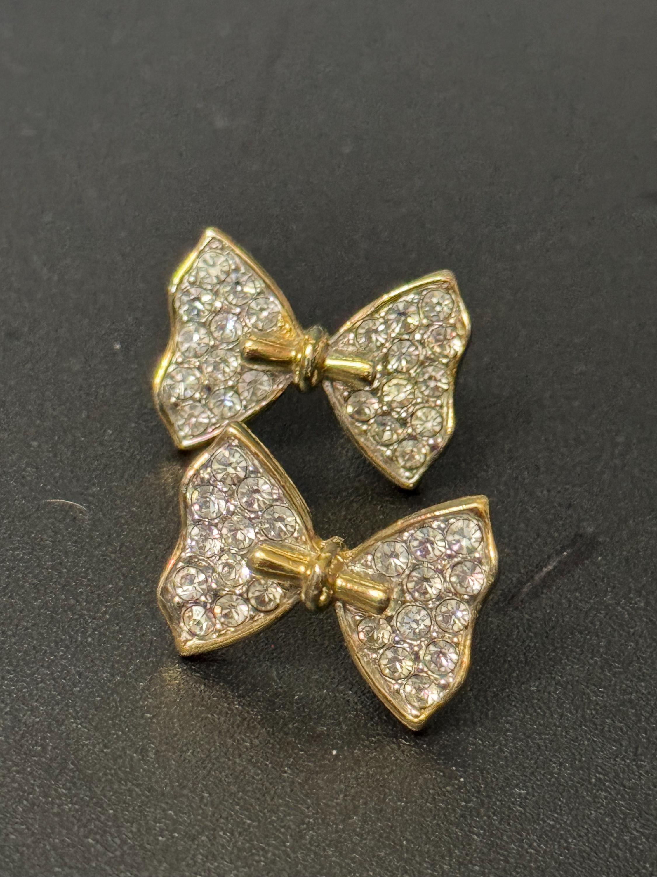 Vintage gold tone diamante bow earrings for pierced ears