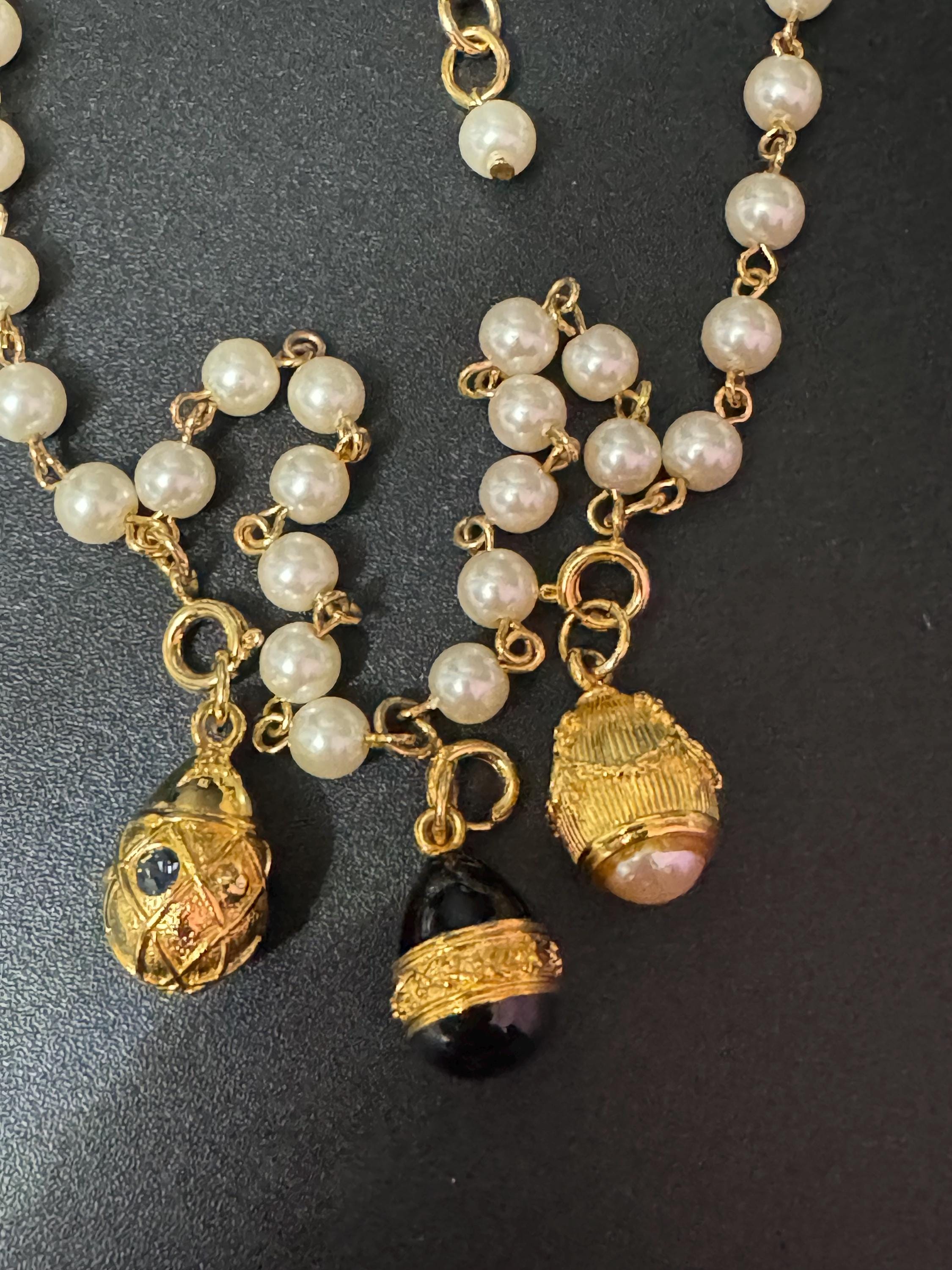 Joan Rivers glass pearl necklace with 3 faberge inspired enamelled egg pendants, signed
