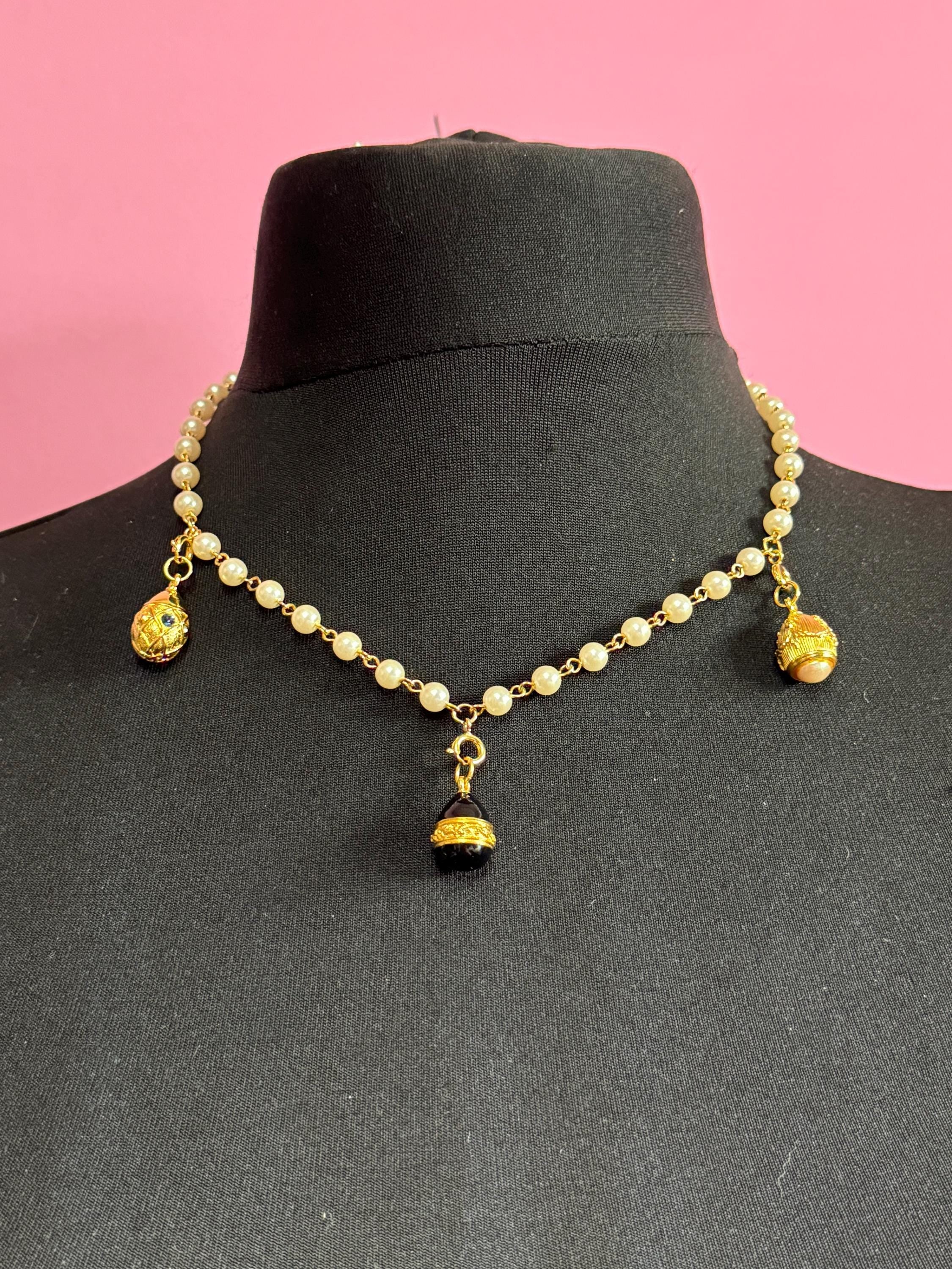 Joan Rivers glass pearl necklace with 3 faberge inspired enamelled egg pendants, signed