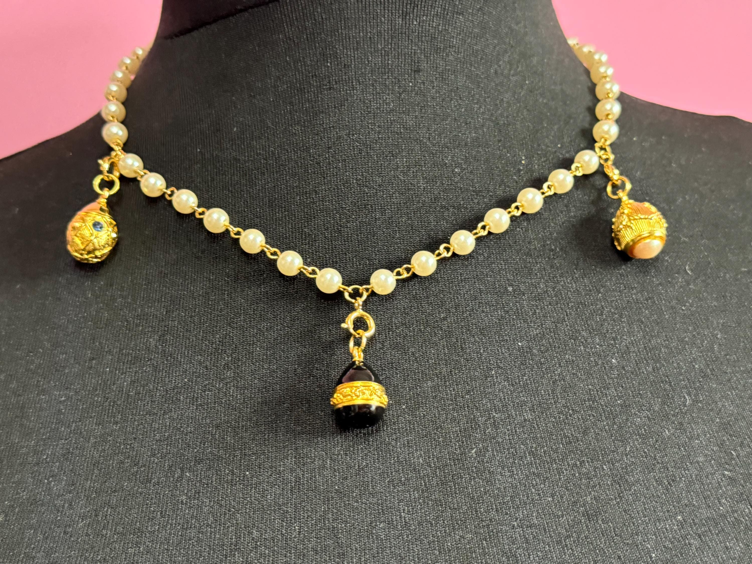 Joan Rivers glass pearl necklace with 3 faberge inspired enamelled egg pendants, signed