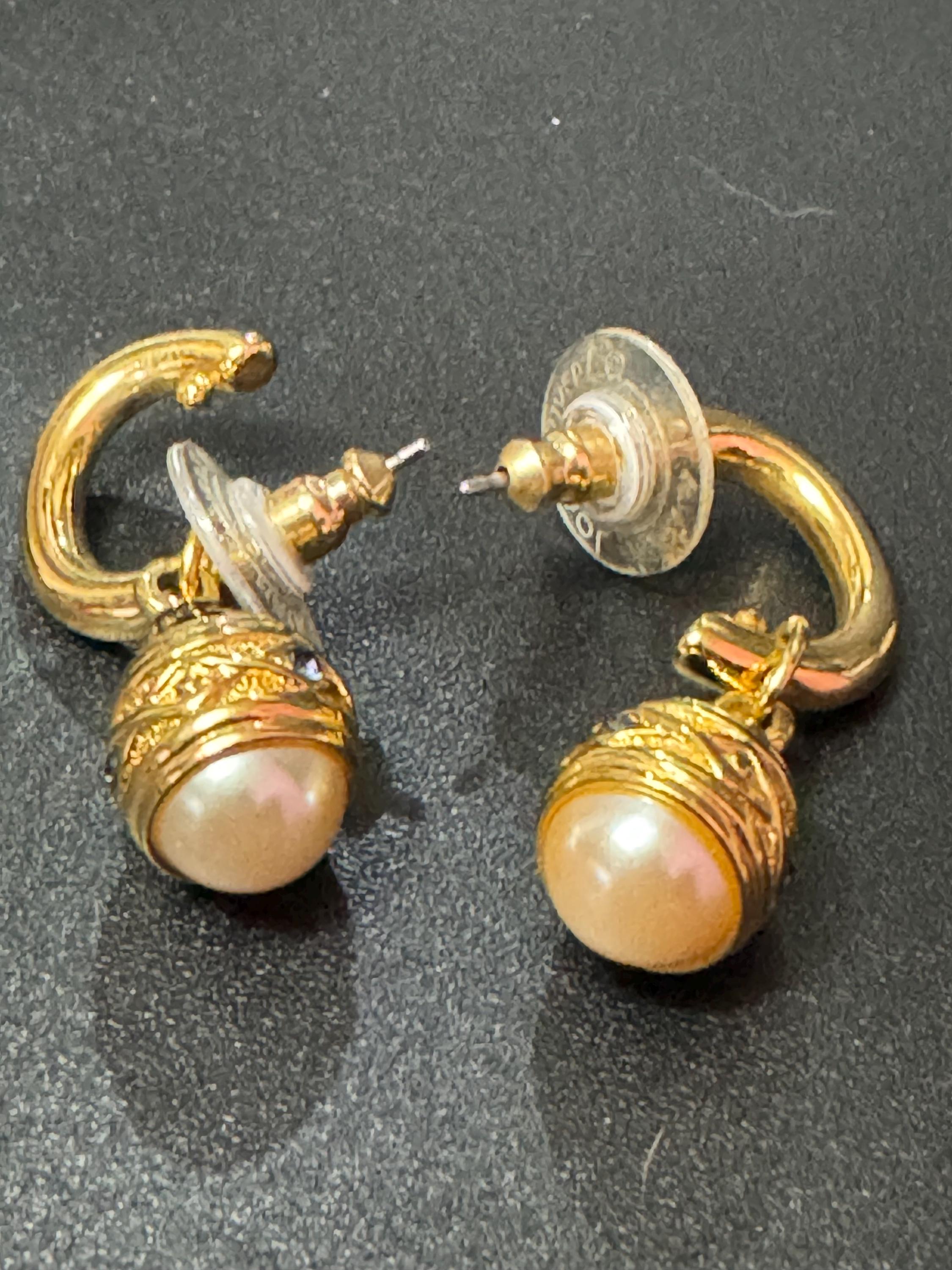 Joan rivers faberge egg inspired black enamel pearl gold pierced hoop drop earrings