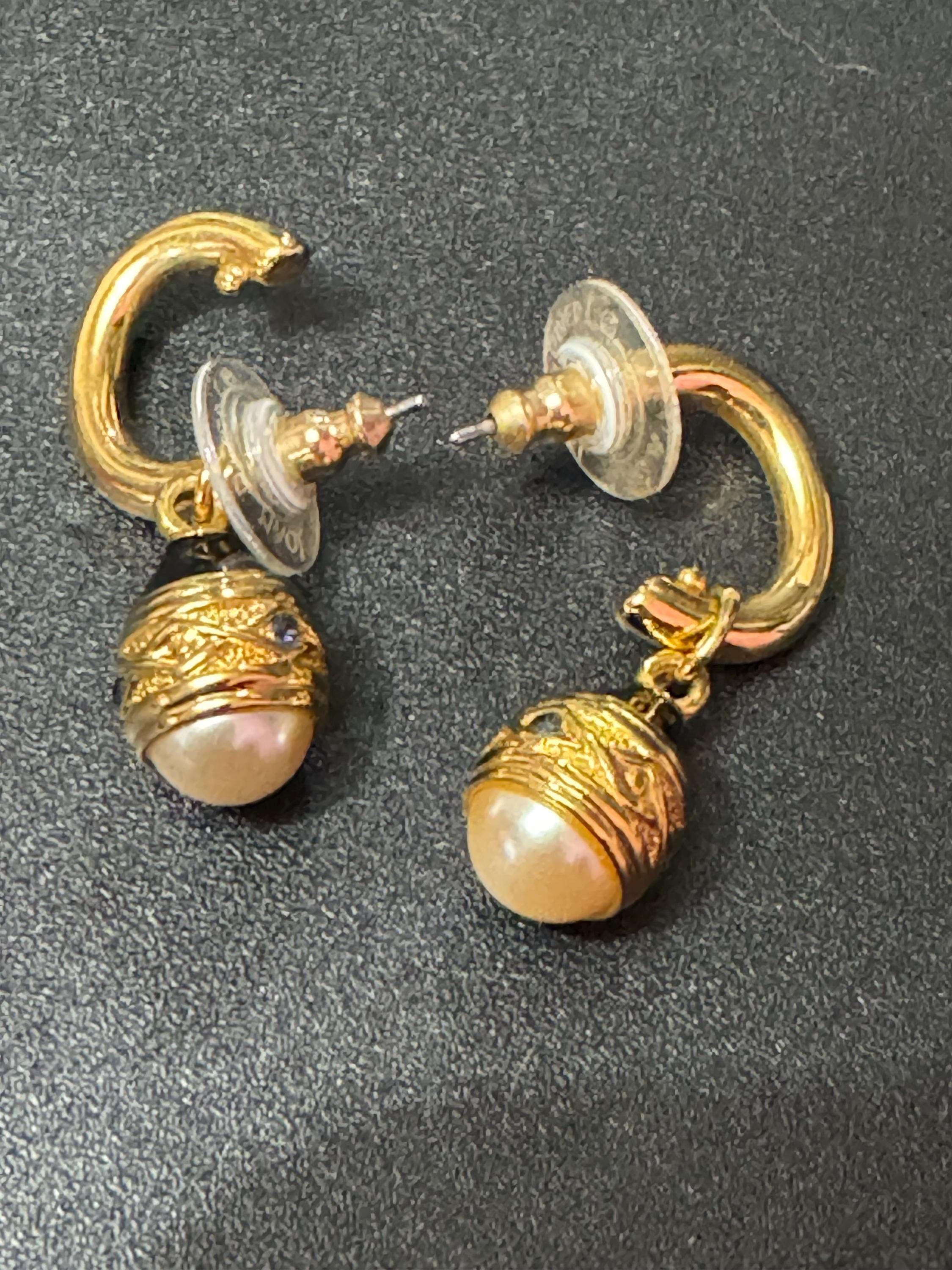 Joan rivers faberge egg inspired black enamel pearl gold pierced hoop drop earrings