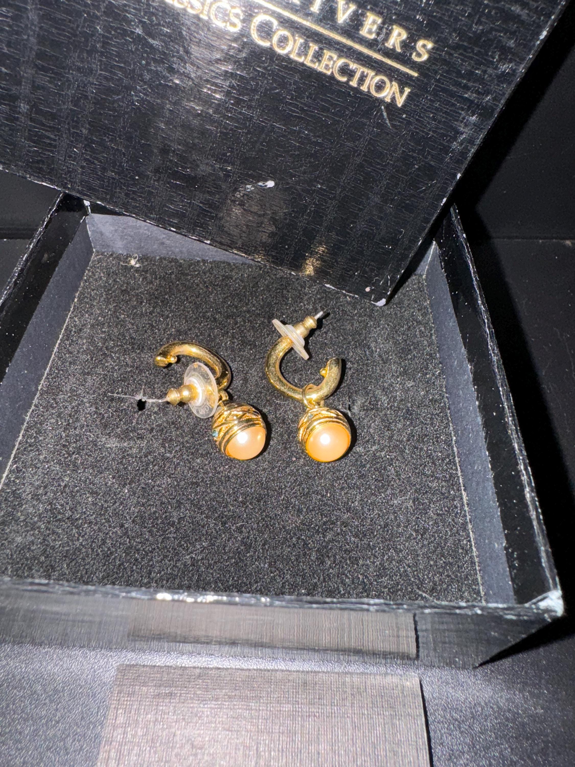 Joan rivers faberge egg inspired black enamel pearl gold pierced hoop drop earrings