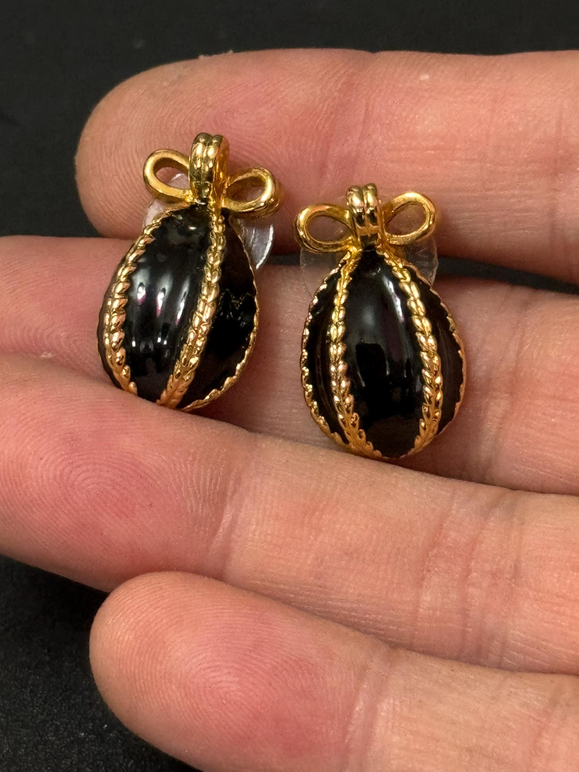 Joan rivers faberge egg inspired black enamel pearl gold pierced stud earrings