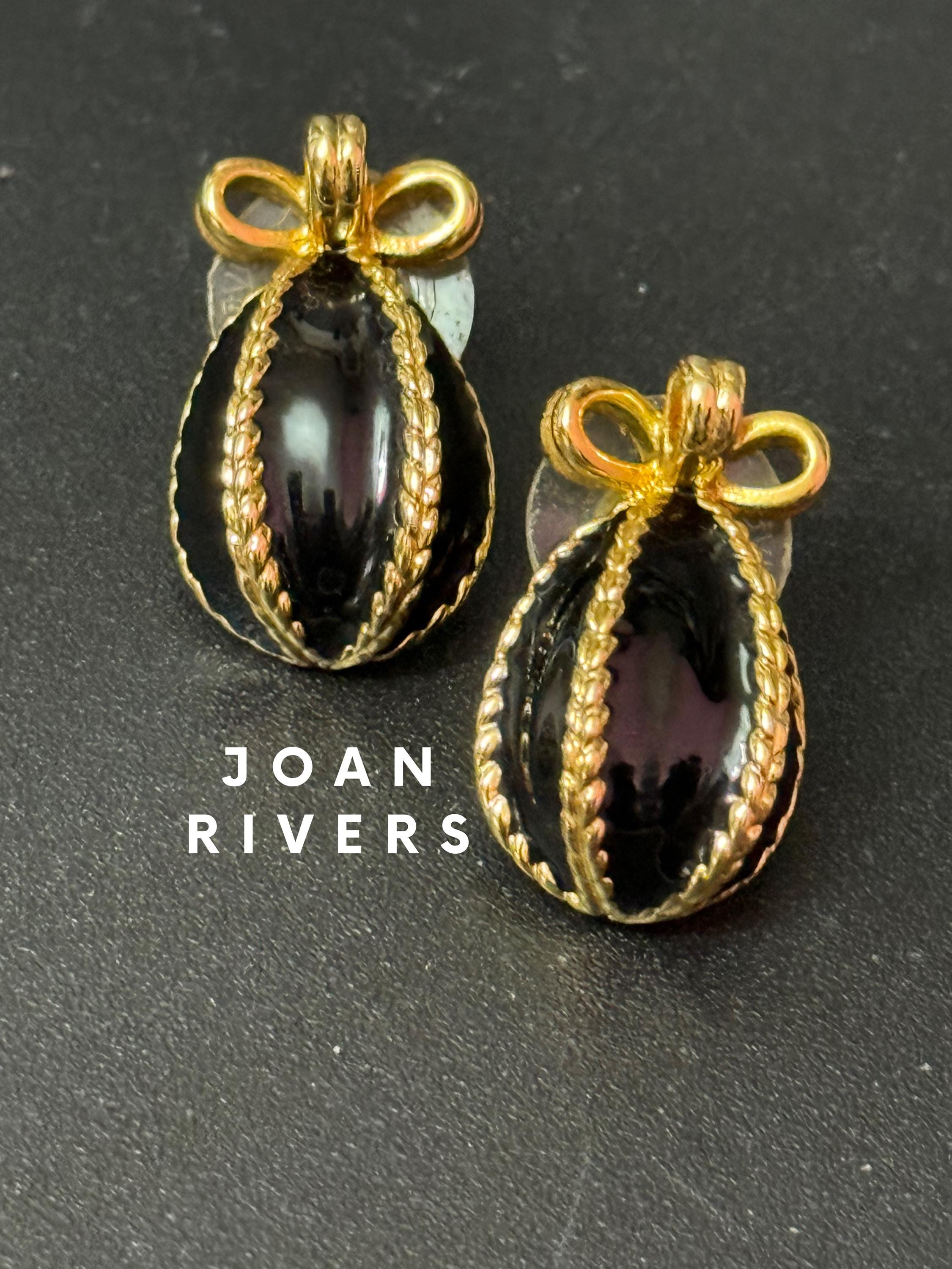 Joan rivers faberge egg inspired black enamel pearl gold pierced stud earrings