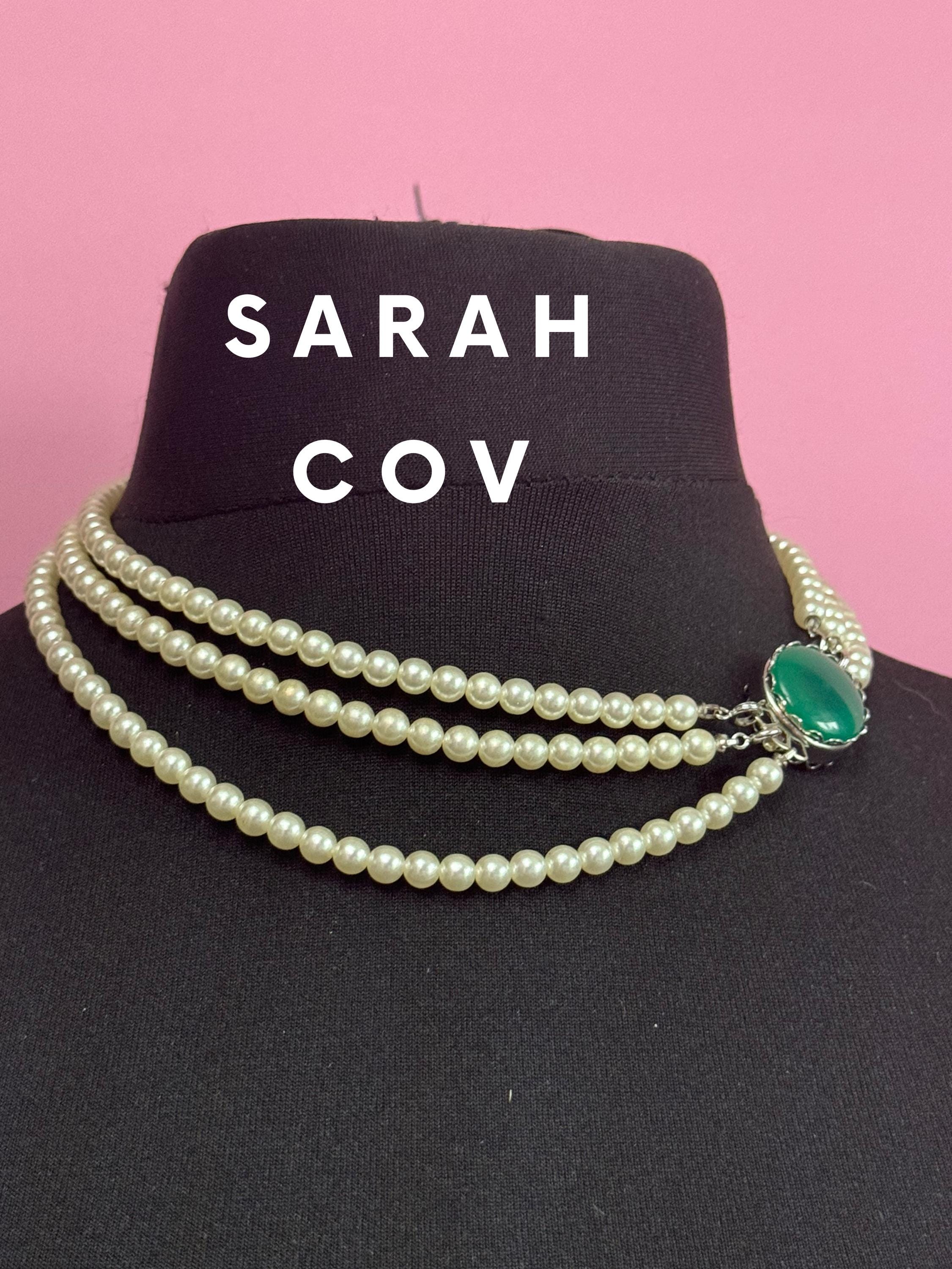 Vintage sarah Coventry faux pearl multi strand 3 row collar necklace reversable clasp green