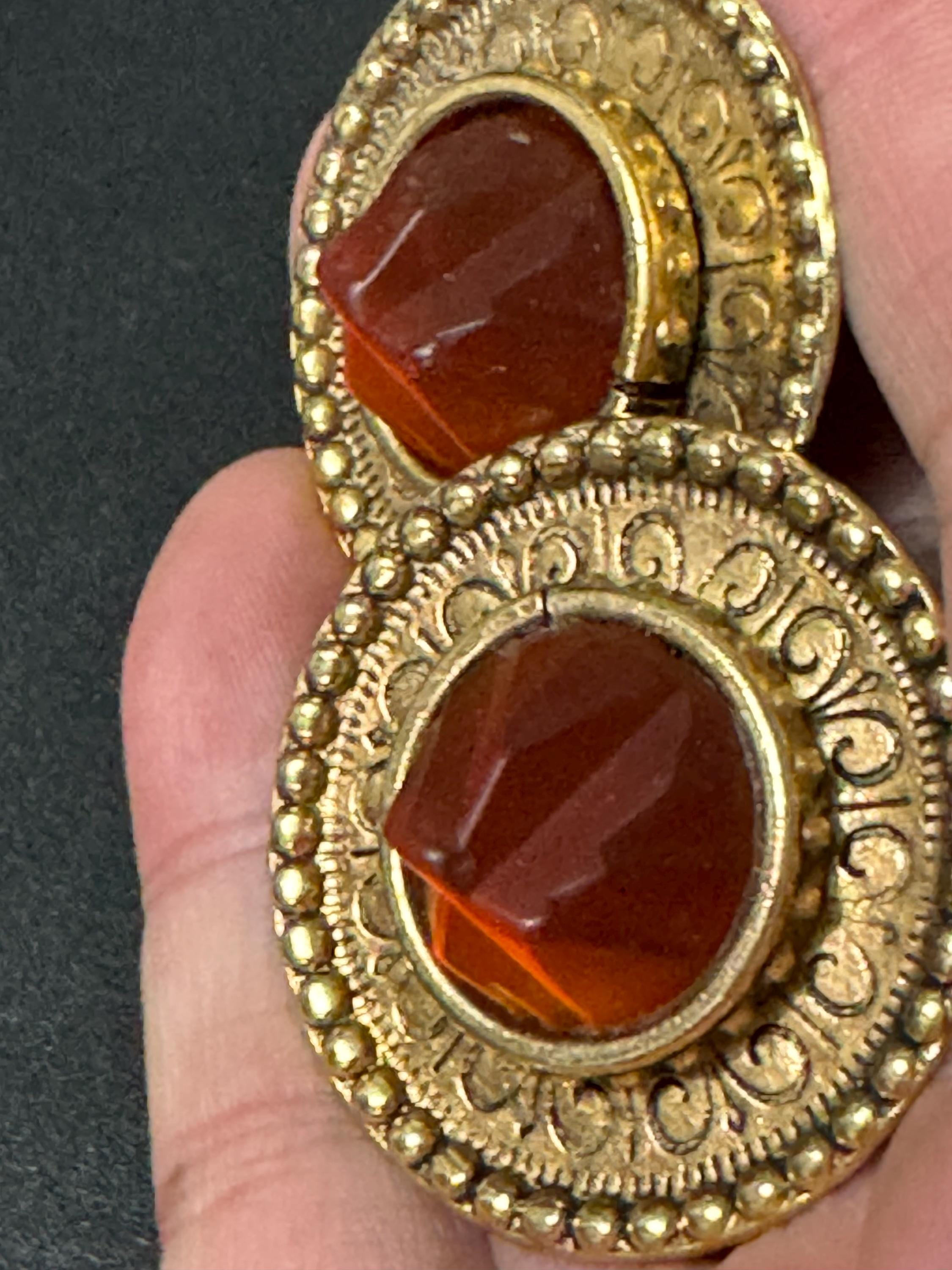 Vintage Zoe Coste Earrings: Gold Tone Etruscan Cabochon Discs